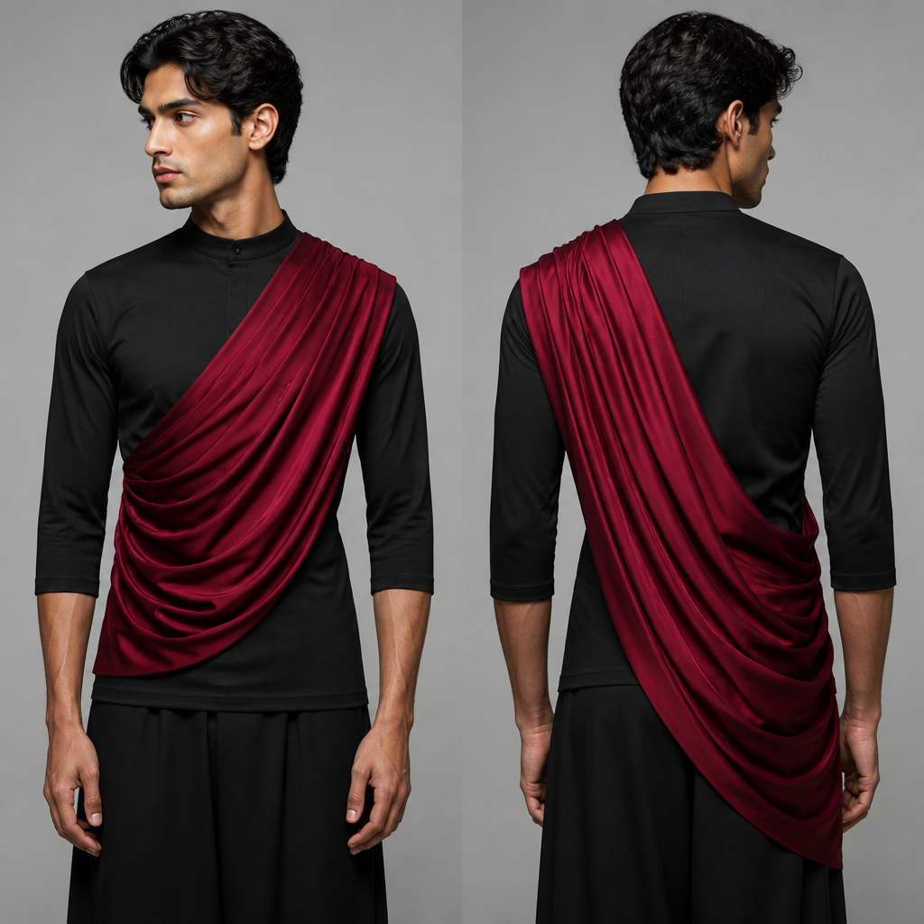 photorealistic fashion design, photorealistic fashion design, photorealistic fashion design, A Male Top design, suitable for Spring. 3/4 sleeve skin tight cotton top in brown with a raw silk draping across the body that is pleated in ivory. Design with modest coverage., just the design no text, show front and back. Refinement: darker brown cotton top and the silk should be more draped, just the design no text. Refinement: silk to have more defined folds, just the design no text. Refinement: change the colours to black cotton top and dark crimson red silk
photorealistic fashion design, photorealistic fashion design, photorealistic fashion design, photorealistic fashion design, A Male Top design, suitable for Spring. 3/4 sleeve skin tight cotton top in brown with a raw silk draping across the body that is pleated in ivory. Design with modest coverage., just the design no text, show front and back. Refinement: darker brown cotton top and the silk should be more draped, just the design no text. Refinement: silk to have more defined folds, just the design no text. Refinement: change the colours to black cotton top and dark crimson red silk, just the design no text