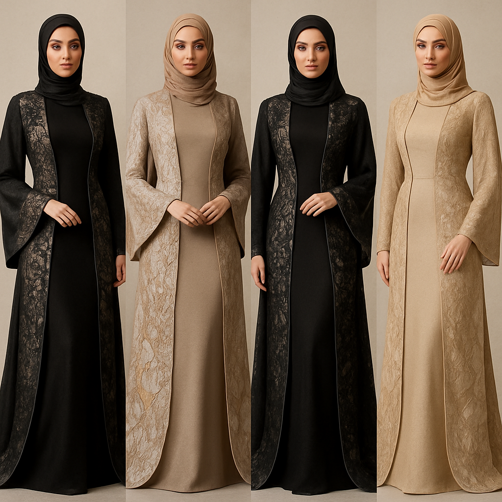 Create a modest sexy elegant fittted dress with abaya, the first of its kind, featuring a unique stone design that exudes a classy and sophisticated vibe. I'd like four designs, each showcasing different styles and fabrics. Incorporate high-end, unique chic stone designs to make them truly special. Add little sophisticated stone designs.
Create a modest sexy elegant fittted dress with abaya, the first of its kind, featuring a unique stone design that exudes a classy and sophisticated vibe. I'd like four designs, each showcasing different styles and fabrics. Incorporate high-end, unique chic stone designs to make them truly special. Add little sophisticated stone designs.