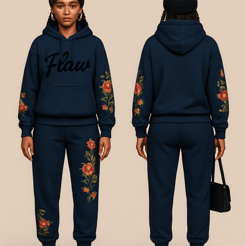 Dark Blue jogging suit hoodie with bold words Flaw in abbreviation on it in Black in cursive braids gold hoop earrings and gold bracelet flowers on the sleeves and pants Black cross body purse and black nike shoes a black beanie 