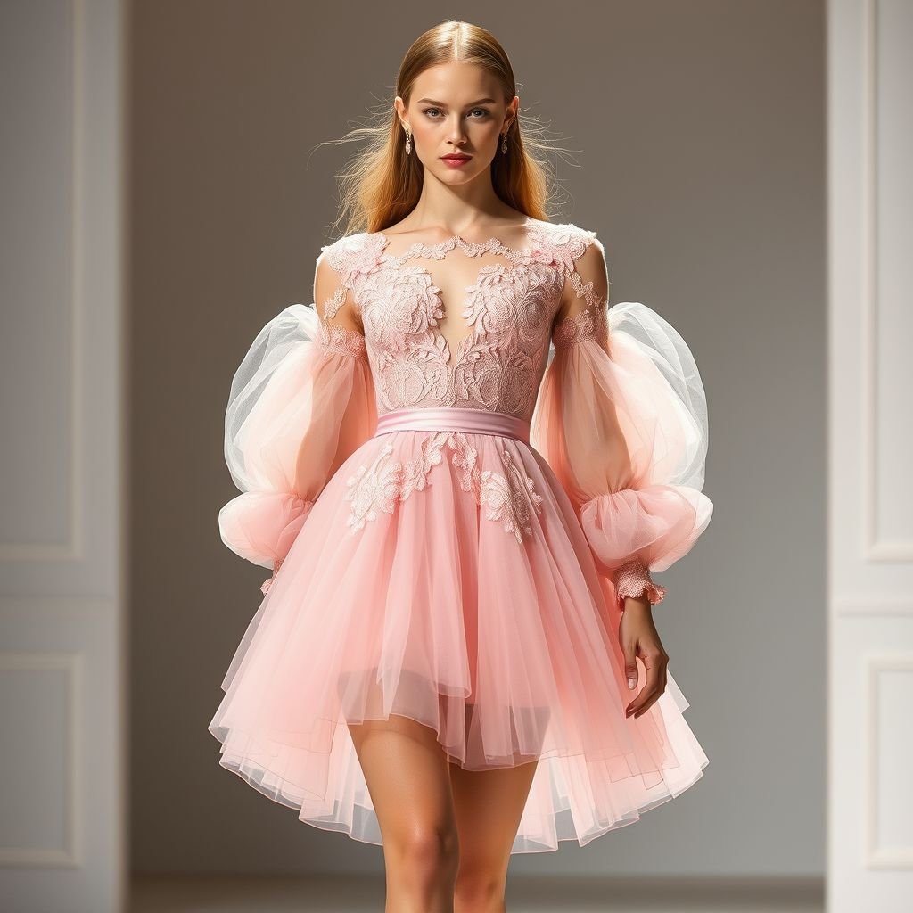 Light pink, lace, tulle, mini, mutton sleeves
Imagine a stunning runway look featuring a light pink mini dress adorned with delicate lace overlays and ethereal layers of tulle, cascading gracefully. The design showcases dramatic mutton sleeves, adding a touch of romantic whimsy. This ensemble embodies high-fashion elegance, perfect for haute couture showcases, combining playful femininity with striking silhouette artistry.