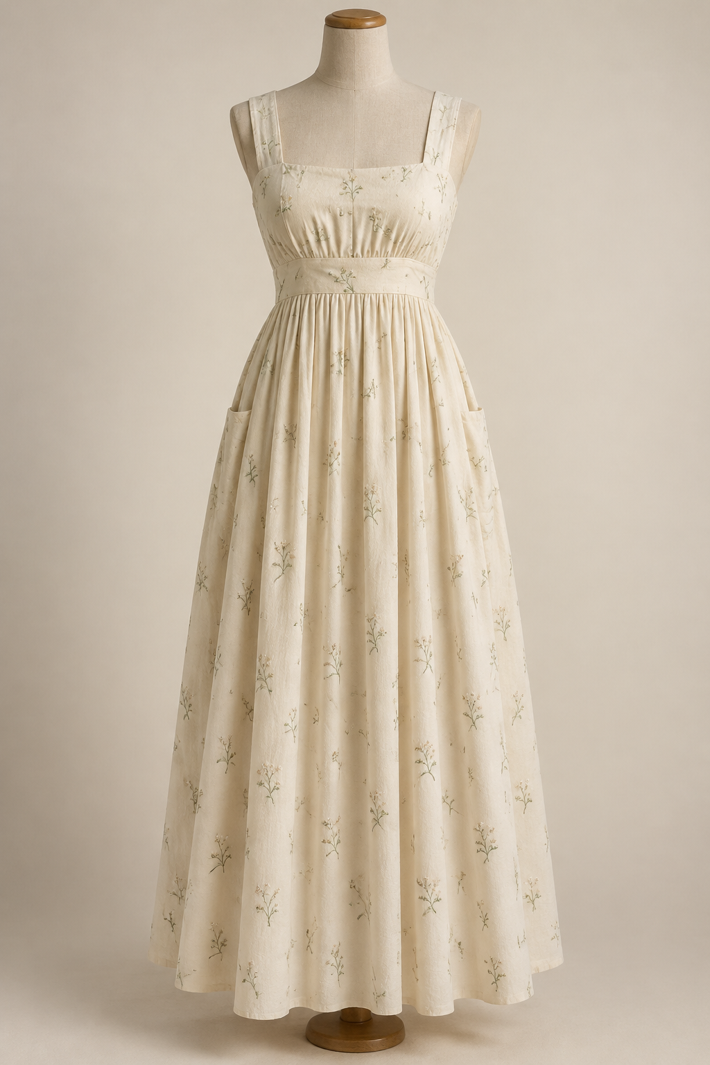 Create a highly realistic 3D fashion visualization of a feminine cottagecore dress displayed on a neutral, headless dress form mannequin. The design should feel romantic, timeless, delicate, and inspired by vintage countryside fashion, with a natural and understated elegance.
**Silhouette and construction:** A fitted empire-waist bodice with a clearly defined seam directly beneath the bust, flowing into a long, gently flared skirt that reaches the ankles. The bodice should fit naturally around the bust without looking like a corset. The skirt should have soft, realistic volume and graceful draping, with enough fullness to move comfortably while maintaining a refined silhouette.
**Neckline and straps:** A softly structured square neckline with a modest, feminine amount of décolletage. Wide shoulder straps should sit securely on the shoulders and blend naturally into the bodice. Keep the neckline symmetrical and the proportions anatomically and structurally plausible.
**Fabric and color:** Warm ivory or soft natural cream cotton with a subtle embroidered texture woven or stitched into the fabric. The embroidery should be delicate and understated, with fine botanical or tiny floral motifs distributed sparingly across the fabric. The material should have a matte finish, visible cotton fibers, realistic stitching, and natural folds. Avoid shiny, synthetic-looking fabric.
**Functional details:** Include two discreet, functional side-seam pockets integrated seamlessly into the skirt. The pockets should not create visible bulges or interrupt the clean silhouette. Show a neatly finished empire seam, realistic seam lines, clean edges, and believable garment construction.
**Overall aesthetic:** Romantic cottagecore, vintage countryside simplicity, natural femininity, heirloom-quality craftsmanship, and understated beauty. The dress should look wearable and practical rather than theatrical, bridal, or costume-like. Keep the design cohesive and elegant, without unnecessary embellishments.
**Presentation:** Render the complete dress on a neutral, realistic 3D dress form mannequin, viewed from the front at a slightly elevated eye-level angle. Show the entire garment from the shoulder straps to the ankle-length hem. Use soft natural studio lighting, a warm off-white background, realistic fabric physics, high-resolution textile detail, accurate shadows, and professional fashion product-rendering quality. The dress must be the clear focal point, with no distracting accessories or props.
Create a highly realistic 3D fashion visualization of a feminine cottagecore dress displayed on a neutral, headless dress form mannequin. The design should feel romantic, timeless, delicate, and inspired by vintage countryside fashion, with a natural and understated elegance.
**Silhouette and construction:** A fitted empire-waist bodice with a clearly defined seam directly beneath the bust, flowing into a long, gently flared skirt that reaches the ankles. The bodice should fit naturally around the bust without looking like a corset. The skirt should have soft, realistic volume and graceful draping, with enough fullness to move comfortably while maintaining a refined silhouette.
**Neckline and straps:** A softly structured square neckline with a modest, feminine amount of décolletage. Wide shoulder straps should sit securely on the shoulders and blend naturally into the bodice. Keep the neckline symmetrical and the proportions anatomically and structurally plausible.
**Fabric and color:** Warm ivory or soft natural cream cotton with a subtle embroidered texture woven or stitched into the fabric. The embroidery should be delicate and understated, with fine botanical or tiny floral motifs distributed sparingly across the fabric. The material should have a matte finish, visible cotton fibers, realistic stitching, and natural folds. Avoid shiny, synthetic-looking fabric.
**Functional details:** Include two discreet, functional side-seam pockets integrated seamlessly into the skirt. The pockets should not create visible bulges or interrupt the clean silhouette. Show a neatly finished empire seam, realistic seam lines, clean edges, and believable garment construction.
**Overall aesthetic:** Romantic cottagecore, vintage countryside simplicity, natural femininity, heirloom-quality craftsmanship, and understated beauty. The dress should look wearable and practical rather than theatrical, bridal, or costume-like. Keep the design cohesive and elegant, without unnecessary embellishments.
**Presentation:** Render the complete dress on a neutral, realistic 3D dress form mannequin, viewed from the front at a slightly elevated eye-level angle. Show the entire garment from the shoulder straps to the ankle-length hem. Use soft natural studio lighting, a warm off-white background, realistic fabric physics, high-resolution textile detail, accurate shadows, and professional fashion product-rendering quality. The dress must be the clear focal point, with no distracting accessories or props.