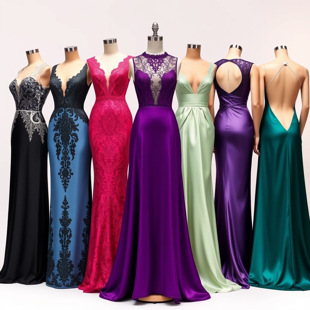 I want different type of evening dresses on a dummy front and back make it one by one and simple I want the dress have front and back make look more realistic
Design a collection of elegant evening dresses showcasing diverse styles on a fashion dummy. Each dress features intricate lace and silky satin, capturing glamour from different eras. Vivid jewel tones and subtle pastels contrast with flowing silhouettes. The front and back designs highlight unique necklines and daring cutouts, ensuring a captivating presentation.
