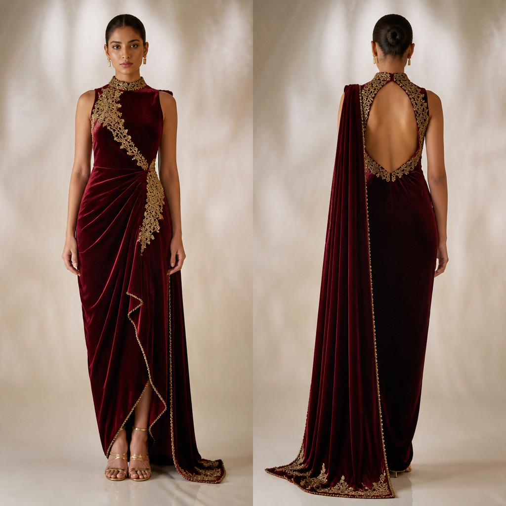 A Female fashion design, made of Velvet. create a extremely stylish runway dress stylish next design unquie luxury. India fashion aesthetics.
photorealistic fashion design, A Female fashion design, made of Velvet. create a extremely stylish runway dress stylish next design unquie luxury. India fashion aesthetics., just the design no text, show front and back