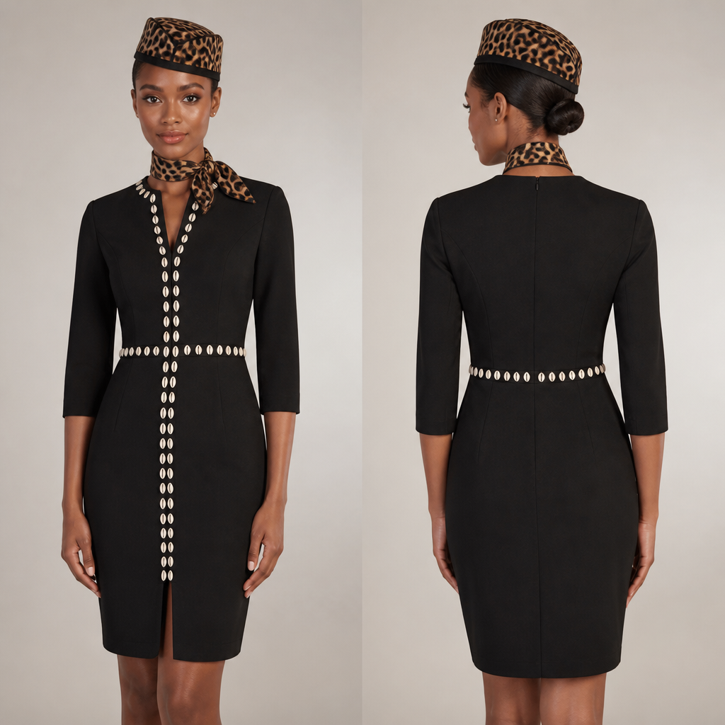 Robe hôtesse tissue noir
avec cauris Et un chapeau style hôtesse e l’air motif panthere noir marron et un petit foulard motif panthere au cou
photorealistic fashion design, Robe hôtesse tissue noir
avec cauris Et un chapeau style hôtesse e l’air motif panthere noir marron et un petit foulard motif panthere au cou, business style, just the design no text, show front and back