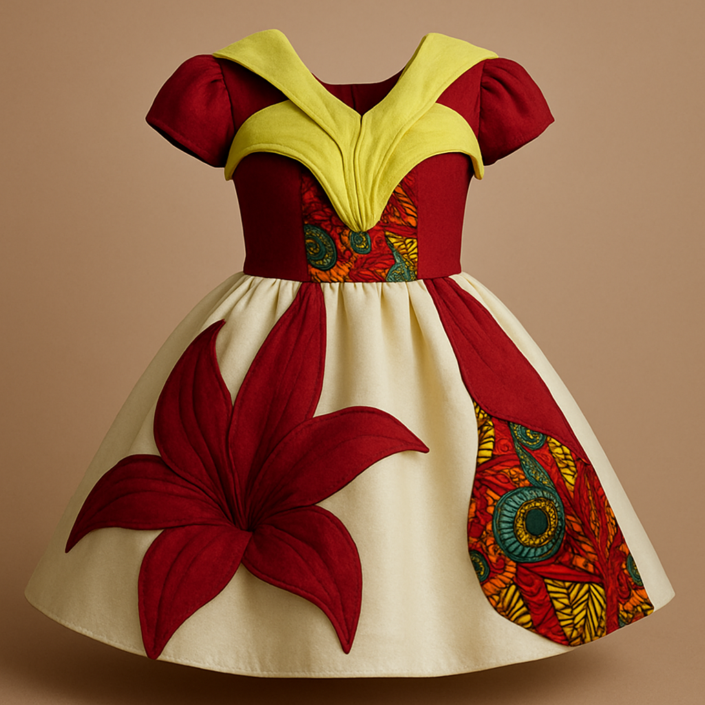 One of a kind Children’s dresses that look like lilies with colors like burgundy, lemon green, pearl with Ankara patches on it that looks fabulous, unique, and beautiful,
One of a kind Children’s dresses that look like lilies with colors like burgundy, lemon green, pearl with Ankara patches on it that looks fabulous, unique, and beautiful,, classic style