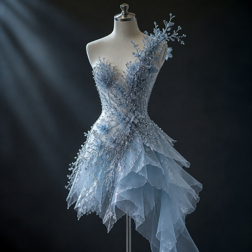 A stunning ice-blue couture mini dress inspired by the beauty of frozen flowers. The bodice is adorned with hand-crafted crystal blossoms that appear to grow organically from the waist and extend toward one shoulder. Layers of shimmering tulle and organza create depth and softness, while silver embroidery enhances the frosted aesthetic. The asymmetrical hemline adds contemporary sophistication, making the dress appear as though it has been sculpted from crystal and ice.
photorealistic fashion design, A stunning ice-blue couture mini dress inspired by the beauty of frozen flowers. The bodice is adorned with hand-crafted crystal blossoms that appear to grow organically from the waist and extend toward one shoulder. Layers of shimmering tulle and organza create depth and softness, while silver embroidery enhances the frosted aesthetic. The asymmetrical hemline adds contemporary sophistication, making the dress appear as though it has been sculpted from crystal and ice., just the design no text