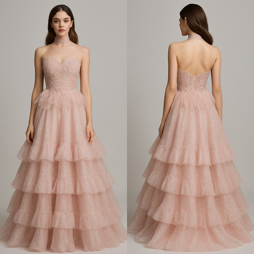 Long light pink dress with a floral design and  a Lacey top and ruffles on the skirt and strapless skirt that looks real that looks like a prom dress and make it sparkly add more ruffles and add a choker that matches the dress and feathers at the top of the skirt