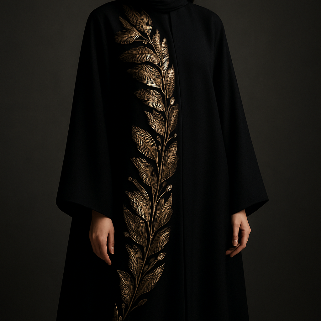 The Golden Feather Bloom Abaya
Tone: Onyx black
Design:
Handmade metallic gold feather petals arranged across one side with delicate embroidery.
Embellishment:
Champagne stones placed between feathers for a couture glow.
Vibe: Dramatic couture with modern softness.
The Golden Feather Bloom Abaya
Tone: Onyx black
Design:
Handmade metallic gold feather petals arranged across one side with delicate embroidery.
Embellishment:
Champagne stones placed between feathers for a couture glow.
Vibe: Dramatic couture with modern softness.