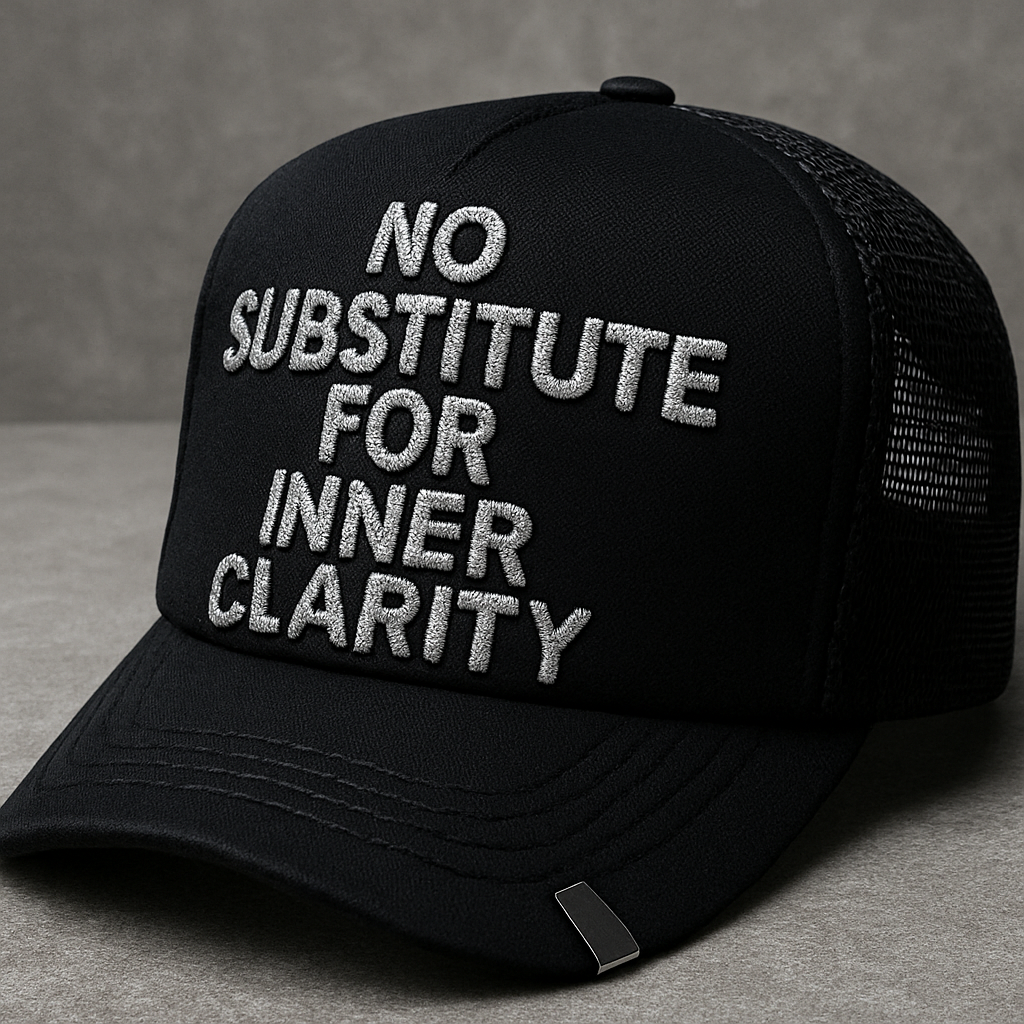 A foam trucker with raised glittery embroidery on the text in black saying no substitute for inner clarity. Put a metal tab on the left side of the hats beak. Make the thread more raised and glittery.
A foam trucker with raised glittery embroidery on the text in black saying no substitute for inner clarity. Put a metal tab on the left side of the hats beak. Make the thread more raised and glittery.
, streetwear style