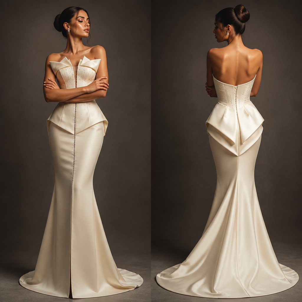 CREAM DRESS:
Create a second version of the outfit in a beautiful warm cream/ivory color, inspired by the second reference image. The dress should have the same sophisticated, structured, fitted couture aesthetic but in cream rather than black. The model should pose with her arms folded across her chest, similar to the second reference image.
Add very delicate silver embellishment running vertically down the front of the cream dress, like a thin, straight line of tiny sparkling silver crystals/stones. Keep this detail subtle, refined and elegant. Add a few additional tiny silver crystal accents around the front of the dress for a luxurious finish, but do not overcrowd the design.
Overall styling:
Both outfits should look like they belong to the same luxury couture collection, with the black and cream colors creating a beautiful contrast. Use premium satin fabric with a subtle luxurious sheen, immaculate tailoring, structured corsetry, elegant proportions and sophisticated detailing. The dresses should look expensive, glamorous and suitable for a high-end fashion campaign or red-carpet editorial.
Use dramatic studio lighting, luxurious fashion photography, realistic skin texture, sophisticated makeup, elegant hairstyles, sharp focus, full-body composition, realistic fabric texture, couture-level craftsmanship, high-end magazine editorial quality, photorealistic, ultra-detailed, elegant and classy.
Important: Do not change the fundamental silhouettes or poses from the reference images. Do not make the embellishments excessive. The black look should remain predominantly black with the statement crystal pattern on the front, while the second look must clearly be cream/ivory with delicate silver detailing. Avoid cheap-looking rhinestones, excessive glitter, cartoon effects, distorted hands, extra fingers or unrealistic anatomy.
photorealistic fashion design, CREAM DRESS:
Create a second version of the outfit in a beautiful warm cream/ivory color, inspired by the second reference image. The dress should have the same sophisticated, structured, fitted couture aesthetic but in cream rather than black. The model should pose with her arms folded across her chest, similar to the second reference image.
Add very delicate silver embellishment running vertically down the front of the cream dress, like a thin, straight line of tiny sparkling silver crystals/stones. Keep this detail subtle, refined and elegant. Add a few additional tiny silver crystal accents around the front of the dress for a luxurious finish, but do not overcrowd the design.
Overall styling:
Both outfits should look like they belong to the same luxury couture collection, with the black and cream colors creating a beautiful contrast. Use premium satin fabric with a subtle luxurious sheen, immaculate tailoring, structured corsetry, elegant proportions and sophisticated detailing. The dresses should look expensive, glamorous and suitable for a high-end fashion campaign or red-carpet editorial.
Use dramatic studio lighting, luxurious fashion photography, realistic skin texture, sophisticated makeup, elegant hairstyles, sharp focus, full-body composition, realistic fabric texture, couture-level craftsmanship, high-end magazine editorial quality, photorealistic, ultra-detailed, elegant and classy.
Important: Do not change the fundamental silhouettes or poses from the reference images. Do not make the embellishments excessive. The black look should remain predominantly black with the statement crystal pattern on the front, while the second look must clearly be cream/ivory with delicate silver detailing. Avoid cheap-looking rhinestones, excessive glitter, cartoon effects, distorted hands, extra fingers or unrealistic anatomy., just the design no text, show front and back