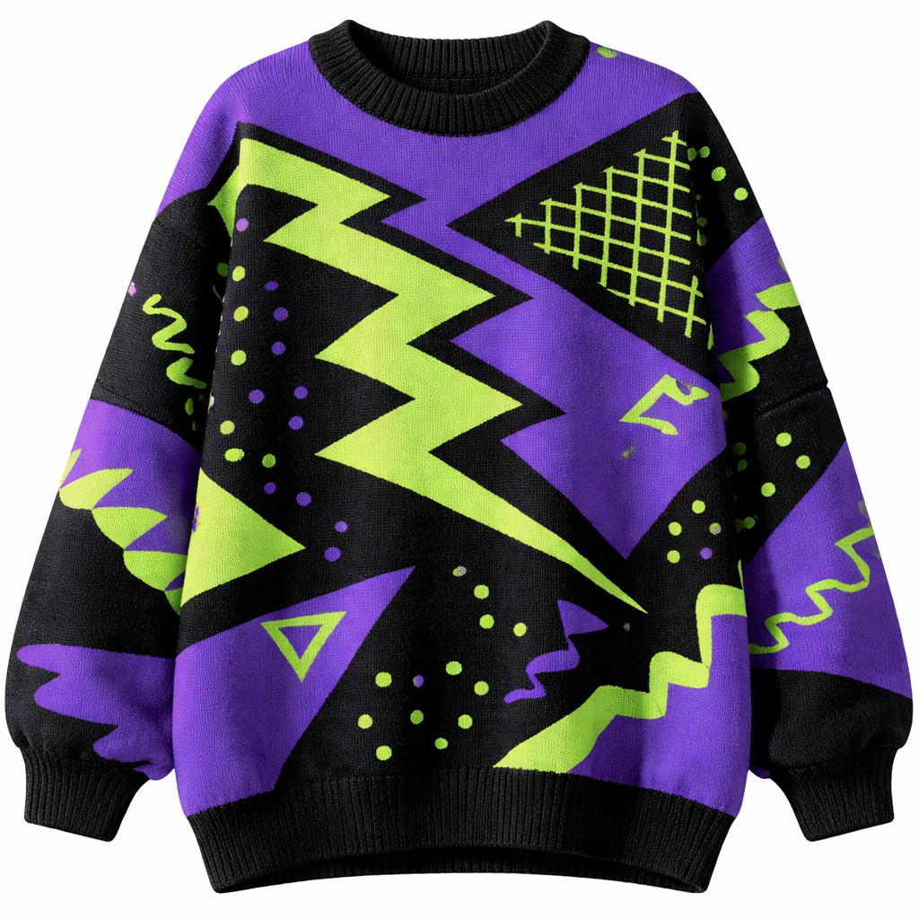 a chunky sweater with big, neon protein designs. no backround.
Eighties fashion design: Boxy cotton sweater, oversized fit, in purple and black with a bold neon green geometric pattern.
