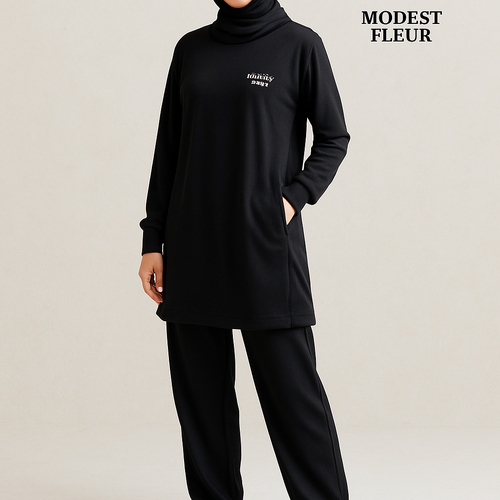 Create a revolutionary women's modest loose gym wear brand called "Modest Fleur". Display the brand name on the in a unique design on the upper right side, in small thick writing that exudes a classy and sophisticated vibe. I'd like four designs, each showcasing different styles and fabrics, with high-end, chic designs to make them truly special. Making it first design in the world 