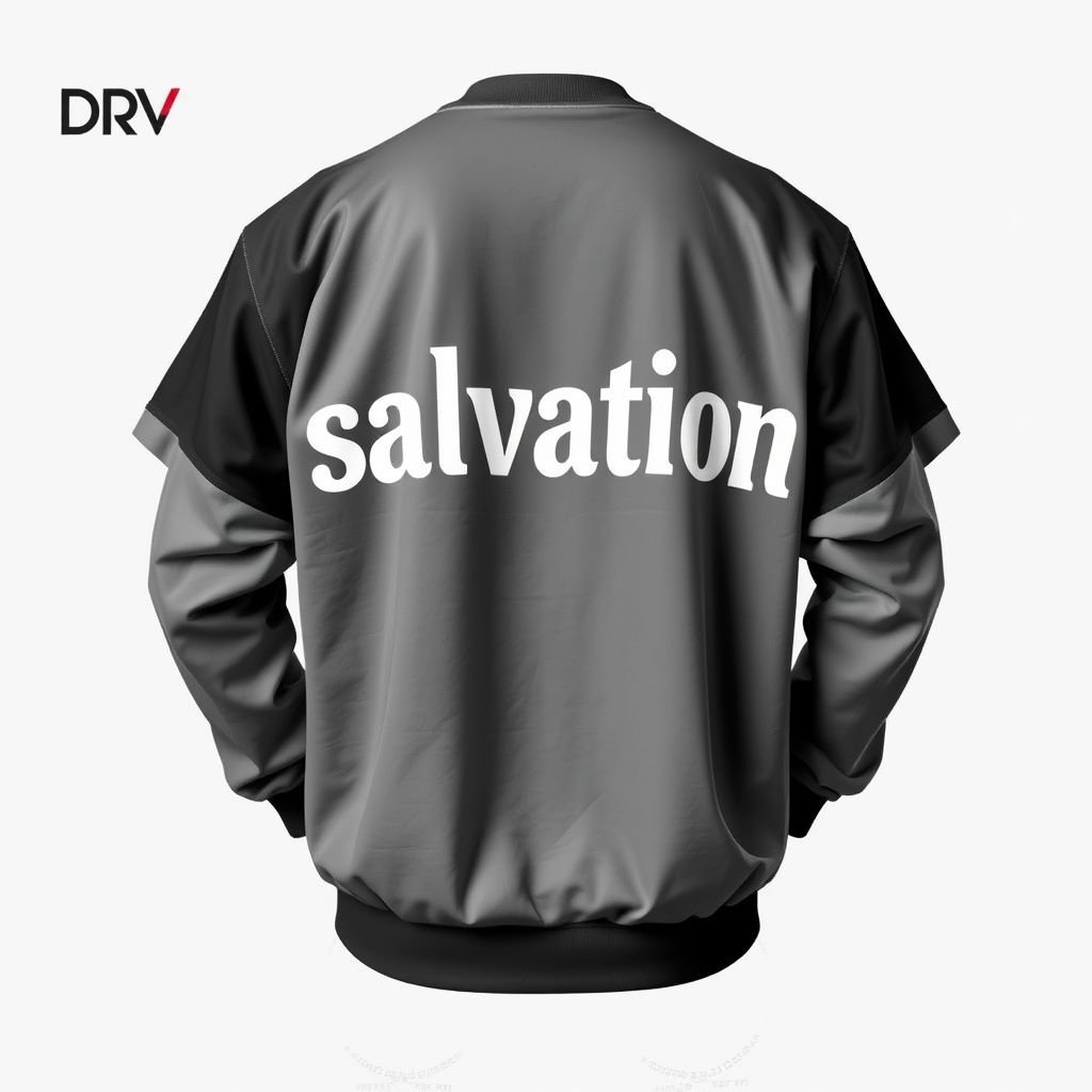 Men’s Shirt, salvation across shoulders on back of shirt. Grey on grey, dark grey/light grey. Oversized streetwear shirt. With “DV” on front in top left
Design an oversized streetwear shirt featuring a striking play of grey shades, with dark grey on the sleeves and light grey across the body. The back showcases the word "salvation" boldly sprawled across the shoulders. Emblazoned in a minimalist style, “DV” decorates the top left corner, embodying urban chic.