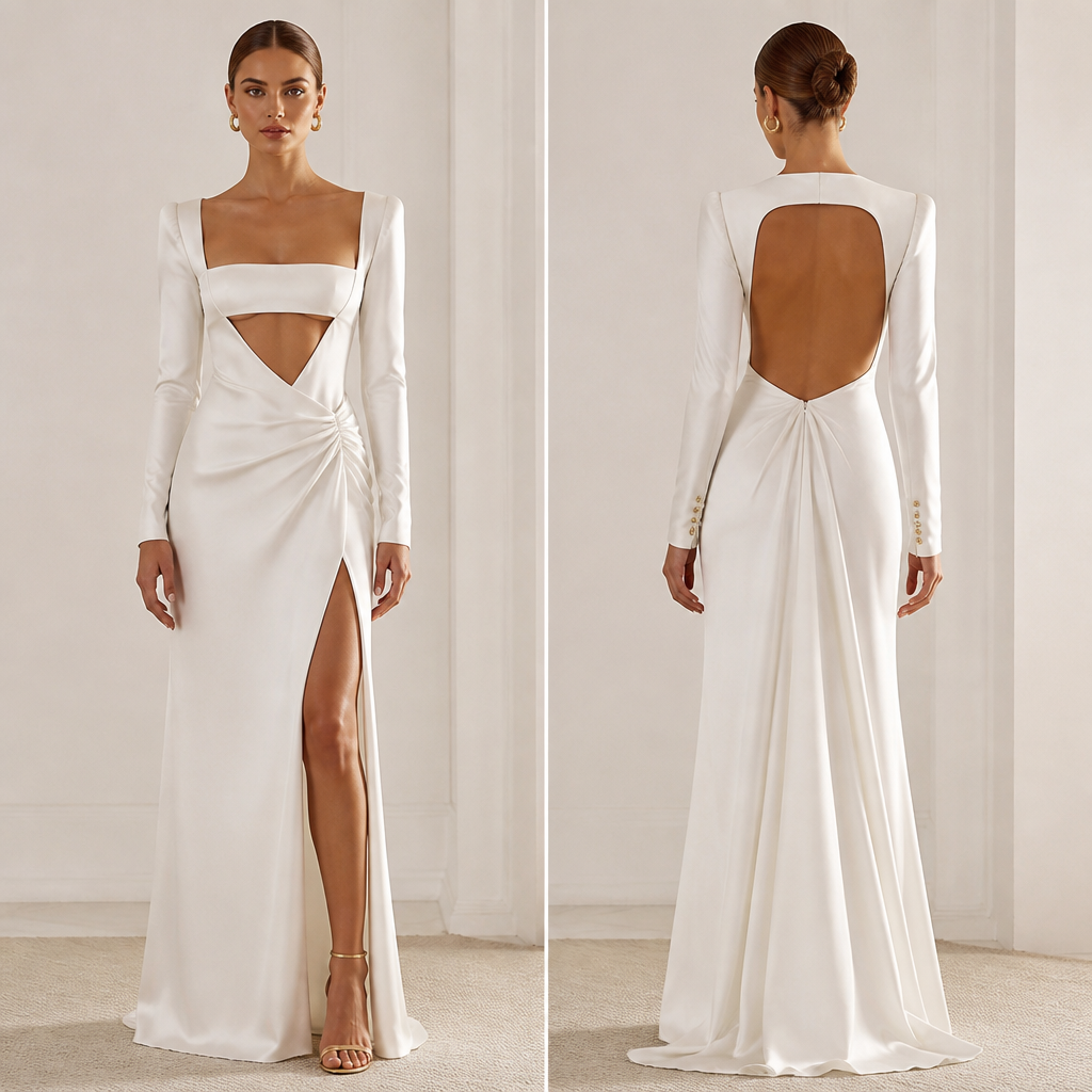 A Female Dress design, with a minimal-coverage cut, in Classic + Minimalist + Glamorous style. Elegant women's evening dress, full length, long sleeves, square neckline.. IR fashion aesthetics. Present it as professional fashion catalogue photography: the garment is the subject, shown full-length with editorial styling, neutral posing and tasteful, non-suggestive framing.
photorealistic fashion design, A Female Dress design, with a minimal-coverage cut, in Classic + Minimalist + Glamorous style. Elegant women's evening dress, full length, long sleeves, square neckline.. IR fashion aesthetics. Present it as professional fashion catalogue photography: the garment is the subject, shown full-length with editorial styling, neutral posing and tasteful, non-suggestive framing., classic style, just the design no text, show front and back
