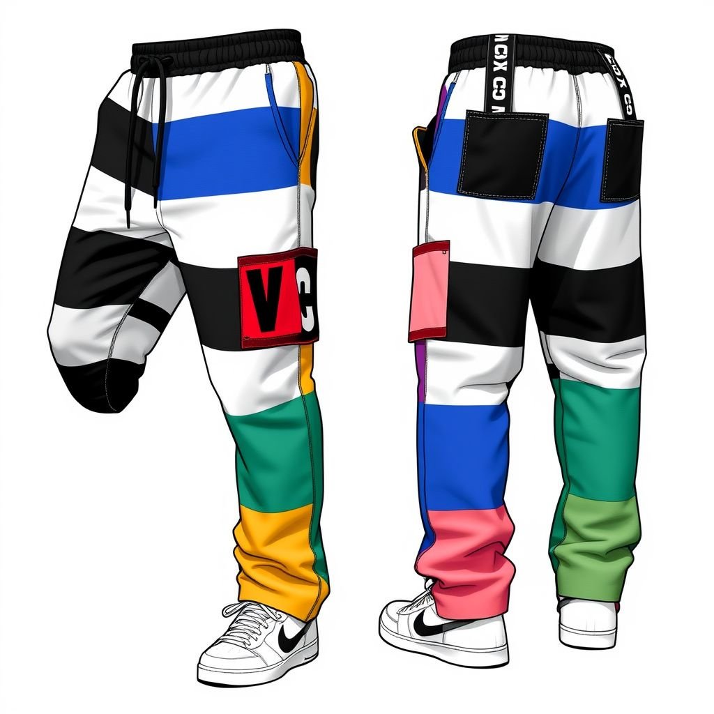 Men Striped Skater Fit Pull-On Pants Casual Loungewear Elastic Waistband Comfort Daily Wear Relaxed All-Season Trousers Versatile Work-From-Home Style. With “DV” on straps
Design a pair of men’s striped skater-fit pull-on pants that epitomize streetwear culture. Emphasize a relaxed silhouette with vibrant color contrasts and oversized elastic waistbands for comfort. Incorporate graphic “DV” straps along the sides, infused with playful patchwork details, perfect for casual daily wear or lounging in style while embracing urban aesthetics.