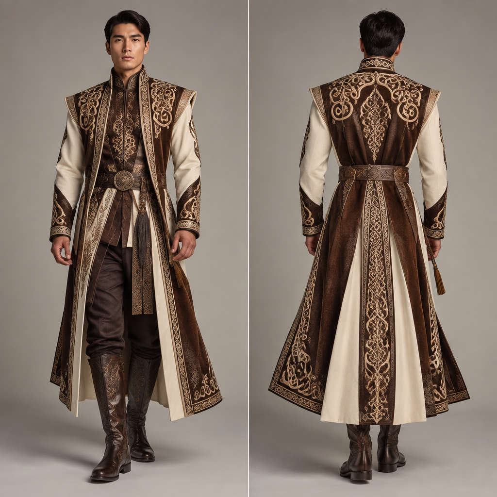 Men’s couture inspired by a traditional dress from Kazakhstan. Also appropriate for an event titled Nations in Vogue, Global Heritage meets Haute Couture. Same as the 2nd to the last design created earlier
photorealistic fashion design, Men’s couture inspired by a traditional dress from Kazakhstan. Also appropriate for an event titled Nations in Vogue, Global Heritage meets Haute Couture. Same as the 2nd to the last design created earlier, masculinecore style, just the design no text, show front and back