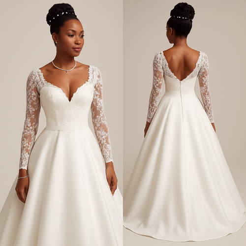 Black woman
Think woman 
Updo with pearls 
Wedding dress
Diamond necklace and diamond bracelet 
Ballroom style dress with 
Breast cut 
Lifted up chest
Lace sleeves with clear designs 
Clear heels