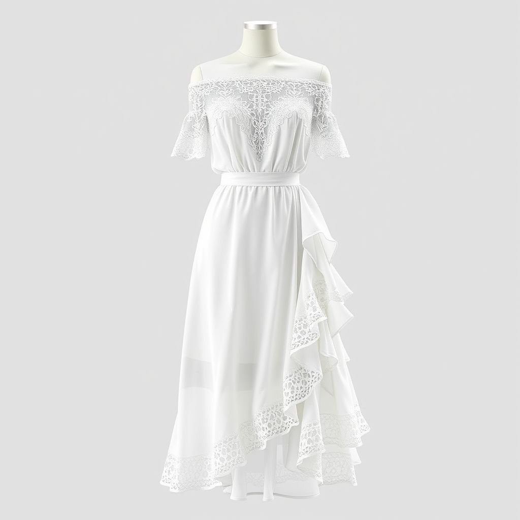 White midi tight off shoulder dress
Design a stunning white midi off-shoulder dress crafted from flowing, lightweight fabric that elegantly hugs the body. Incorporate intricate lace panels along the neckline and hem for a romantic touch. Accentuate with a cinched waist and asymmetric ruffles cascading down one side, blending sophistication with bohemian allure for a timeless look.