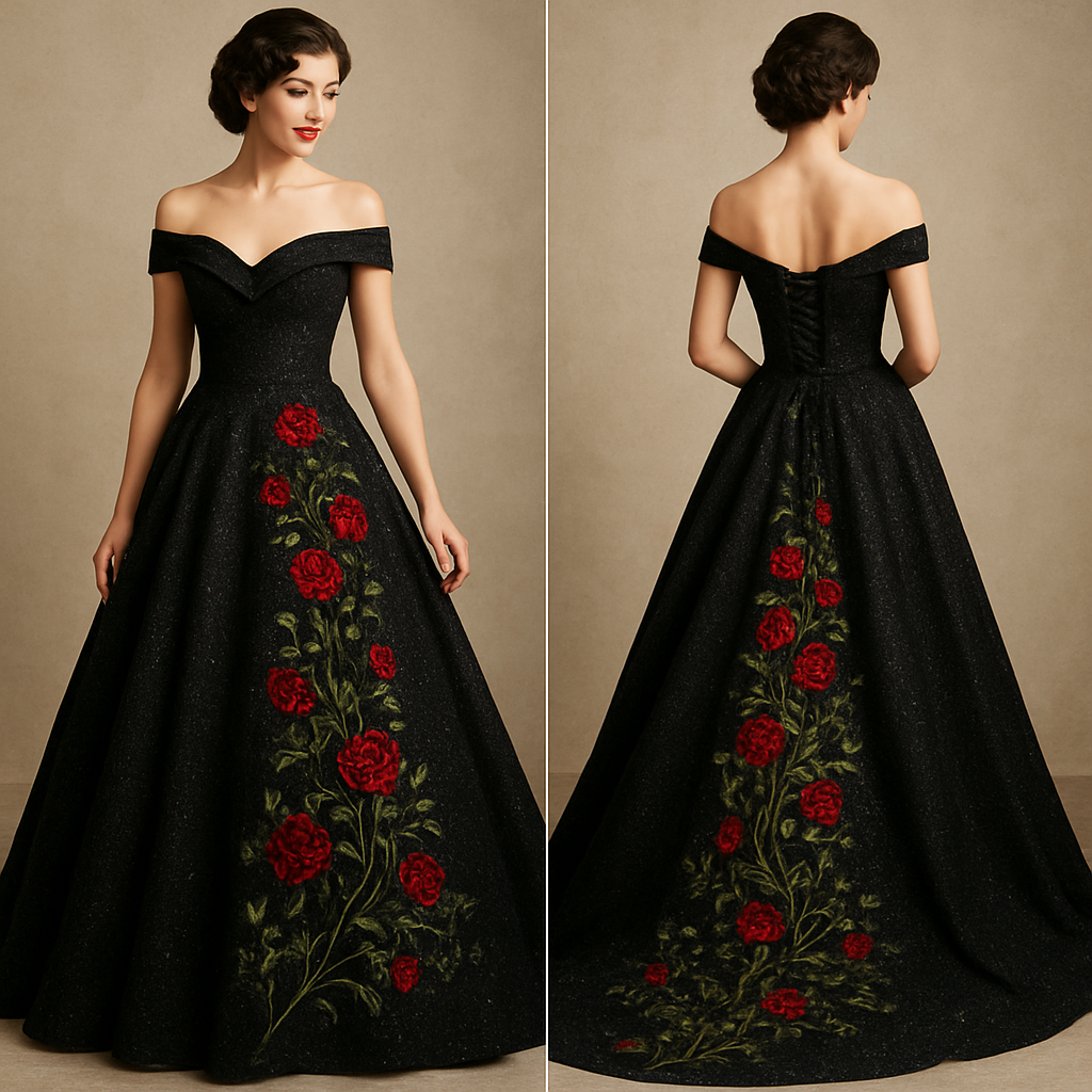 Glittery wedding dress,black color, off the shoulder sleeves. With red roses and green vines embroidered cascading down the back of the dress flowing along the train. Corset top and lace up back.
Glittery wedding dress,black color, off the shoulder sleeves. With red roses and green vines embroidered cascading down the back of the dress flowing along the train. Corset top and lace up back., retro style, show front and back