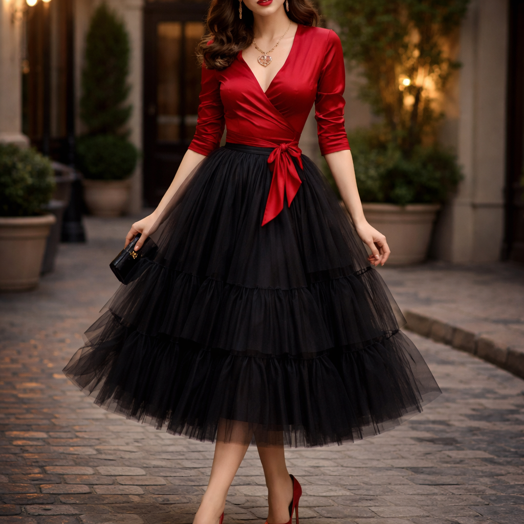 Create a romantic date look with a silk cherry red wrap top with three quarter sleeves, a layered tulle black midi skirt and stunning red heals. The look is finished with a vintage heart shaped pendant and eye catching hair and makeup.
Create a romantic date look with a silk cherry red wrap top with three quarter sleeves, a layered tulle black midi skirt and stunning red heals. The look is finished with a vintage heart shaped pendant and eye catching hair and makeup., classic style
