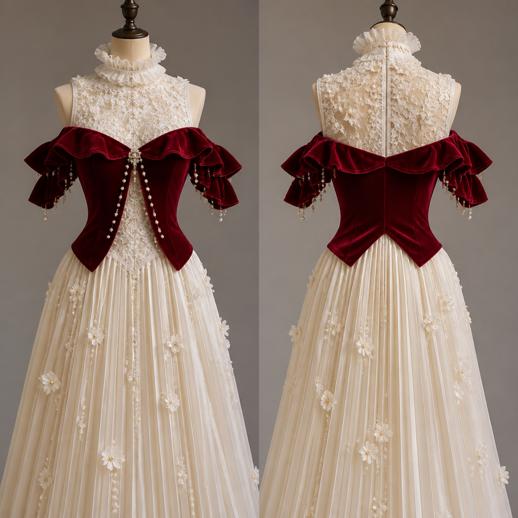I want a lace ruffled collar thats white that’s connected to a undershirt thats also lace maybe add some white flowers it has no sleeves. The thing on top is a red jewel tone think a merlot maybe slightly more red its very soft velvet its off the shoulders with sleeves that ruffle add a cut with some pearls lining or hanging like a chandelier and this will be vest like in the middle like down the stomach. The bottoms will be a skirt long pleated with flowers that are white and pearls
photorealistic fashion design, I want a lace ruffled collar thats white that’s connected to a undershirt thats also lace maybe add some white flowers it has no sleeves. The thing on top is a red jewel tone think a merlot maybe slightly more red its very soft velvet its off the shoulders with sleeves that ruffle add a cut with some pearls lining or hanging like a chandelier and this will be vest like in the middle like down the stomach. The bottoms will be a skirt long pleated with flowers that are white and pearls , vintage style, just the design no text, show front and back