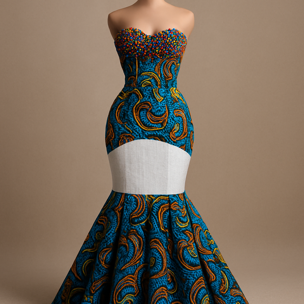 A gorgeous gown made in Ankara and aso oke with colorful beads as trape tights at the upper bust, mixed white fabric and aso oke at the lower bodice
A gorgeous gown made in Ankara and aso oke with colorful beads as trape tights at the upper bust, mixed white fabric and aso oke at the lower bodice