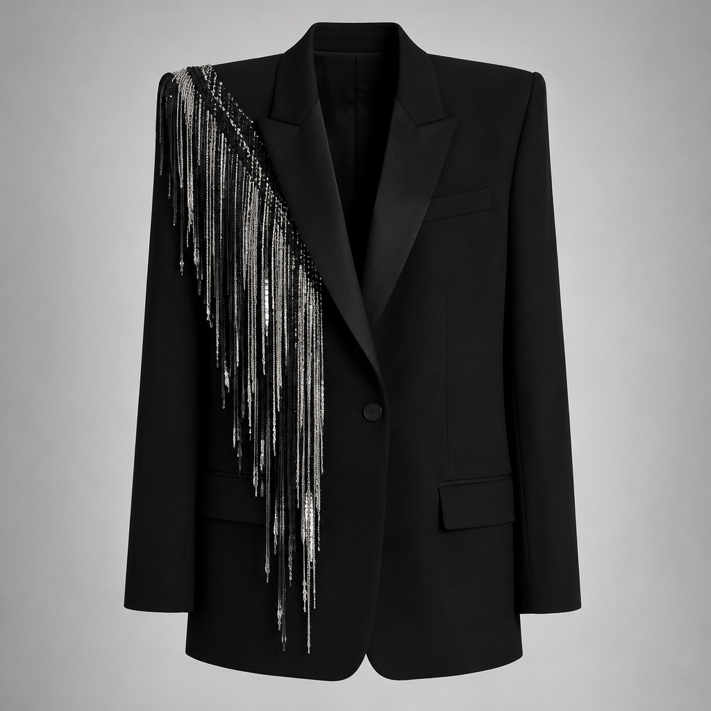 un blazer avec des épaulettes qui font bien droite au niveau du cou, de couleur noir, avec un pompom en forme de frange sur le côté droit du blazer avec certain détail irisé argenté. Il ne faut pas qu’il soit ceintré au niveau de la taille mais droit
photorealistic fashion design, un blazer avec des épaulettes qui font bien droite au niveau du cou, de couleur noir, avec un pompom en forme de frange sur le côté droit du blazer avec certain détail irisé argenté. Il ne faut pas qu’il soit ceintré au niveau de la taille mais droit , just the design no text