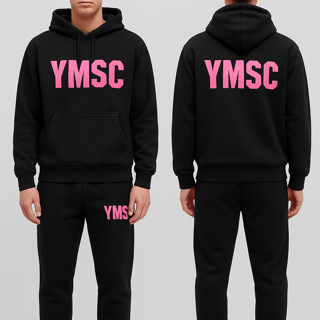 Black jogging suit with pink YMSC
Black jogging suit with pink YMSC
, streetwear style, show front and back