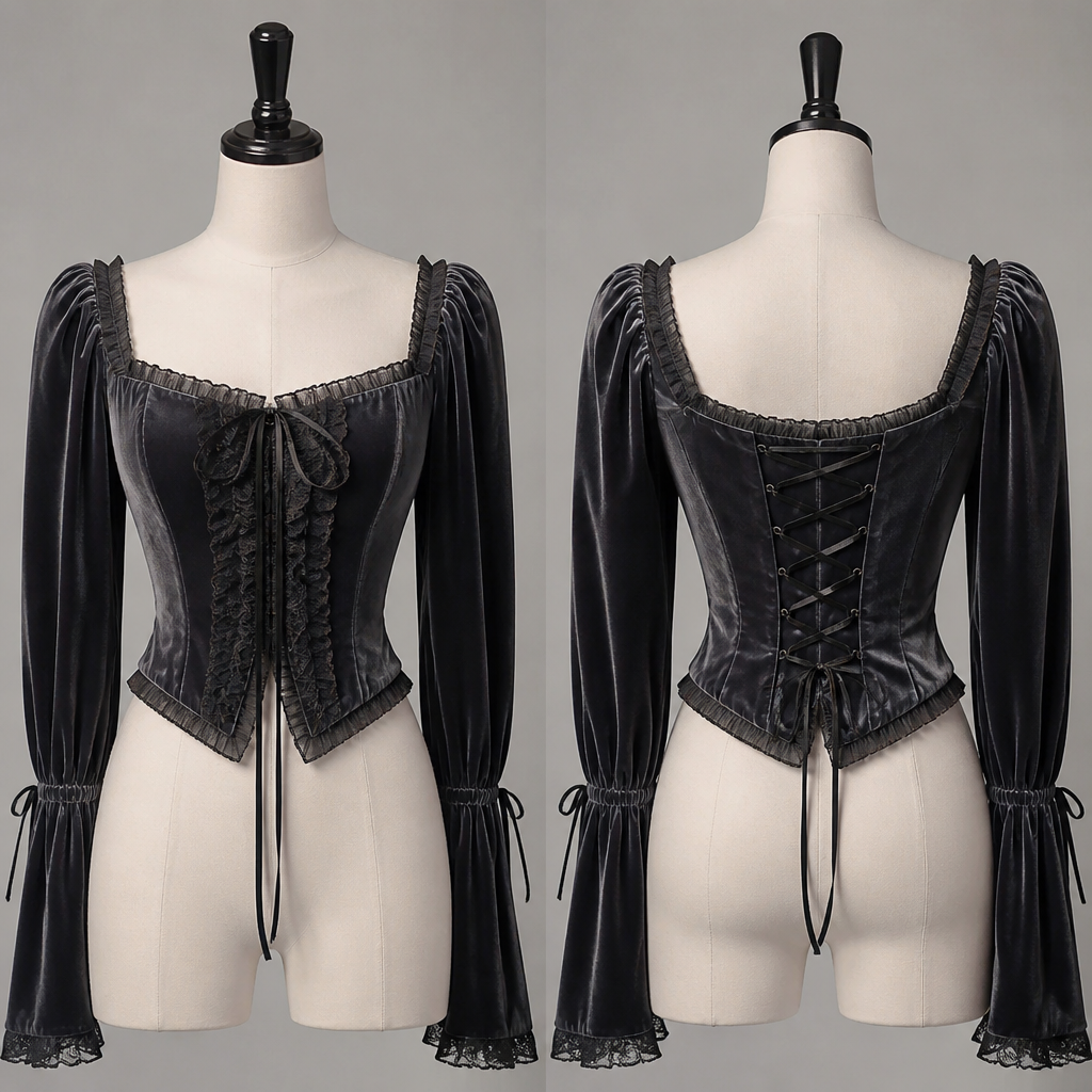 A Top design, made of Velvet, for Date Night, suitable for Fall, in Korean Fashion + Pastel Goth + Velvet style
photorealistic fashion design, A Top design, made of Velvet, for Date Night, suitable for Fall, in Korean Fashion + Pastel Goth + Velvet style, korean_fashion style, just the design no text, show front and back