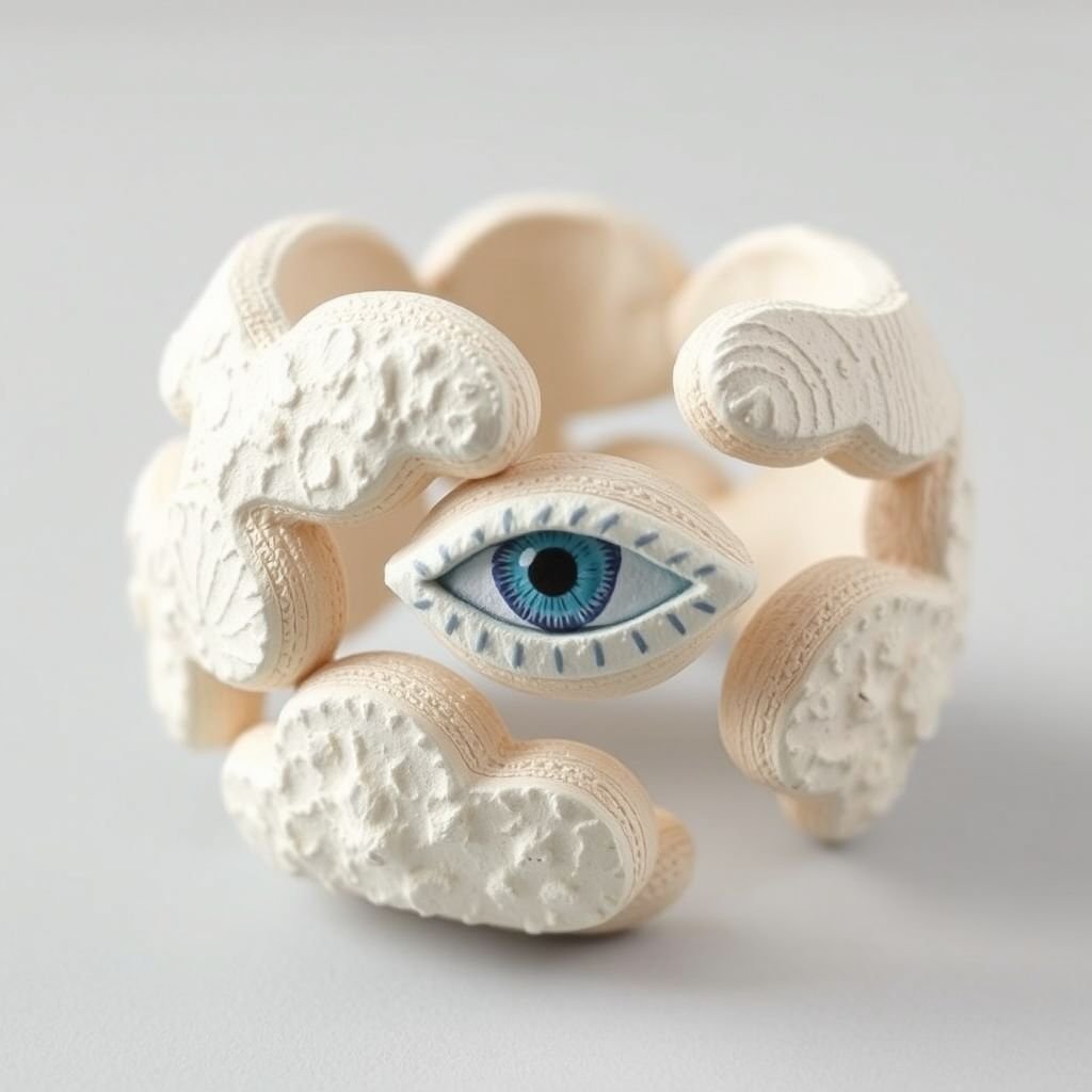 Papier-mâché minimal bangle inspired by eye and clouds
Design an avant-garde minimal bangle blending the ethereal allure of clouds with the mystical symbolism of the eye. Crafted from lightweight, textured papier-mâché, the piece features soft, organic shapes that mimic gentle cloud formations, with a delicate eye motif intricately painted in serene blues and whites, adding a splash of whimsy and intrigue.