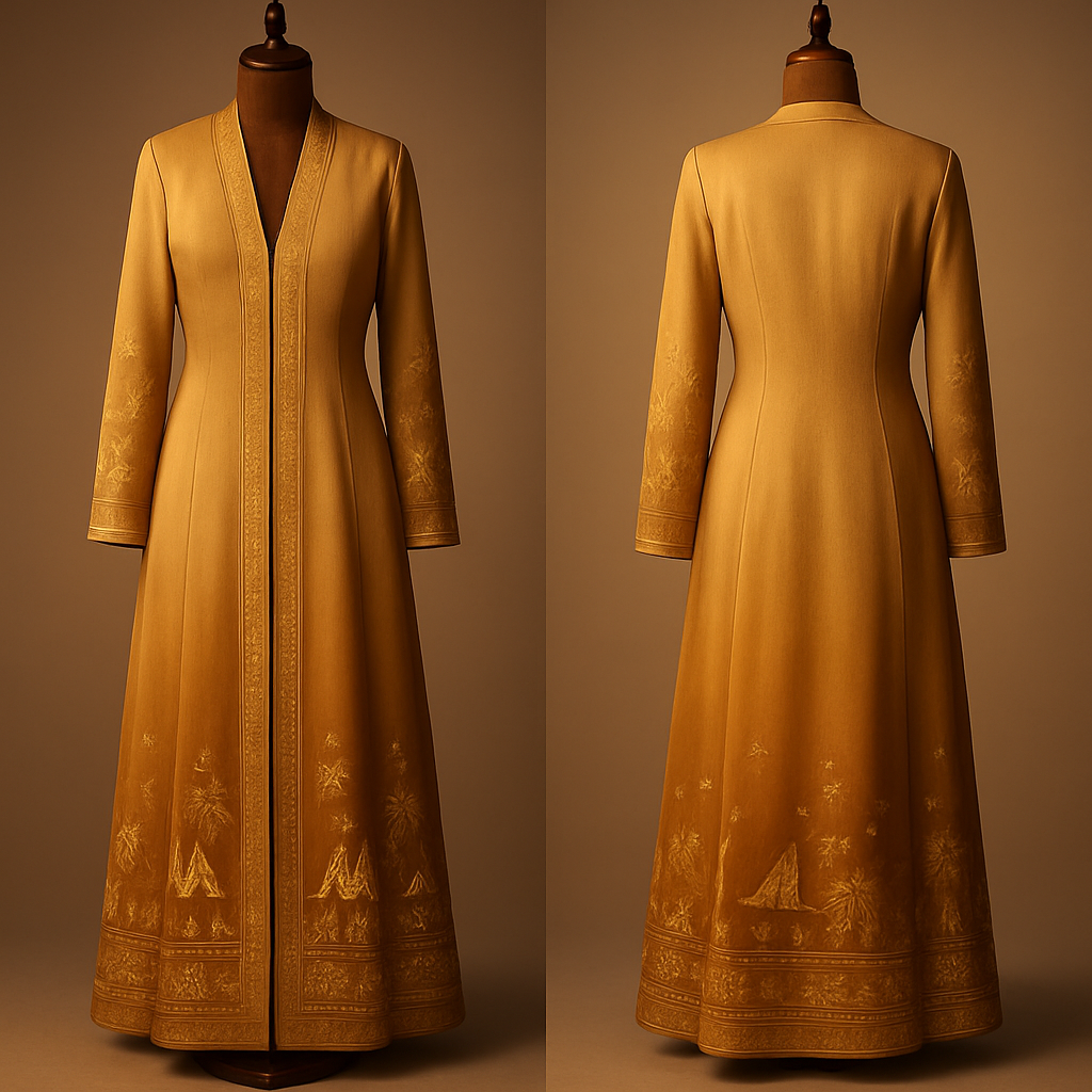 
"Ghawafil Al-Khaleej" ankle-length abaya on a polished dark-wood mannequin, full-body 3/4 pose. Fabric: silk-georgette gradient from sand to warm gold, wide front panel, straight vertical collar with a deep plunging V front opening extending directly down from the neck toward the hem (no rounded neckline). Subtle, shallow waist shaping achieved with soft, barely-visible darts and light princess seams at the natural waist to gently define the silhouette while preserving elegant drape and modest movement. Fitted narrow sleeves ending at the wrists, gold zardozi embroidery of camel caravans, dhow sails and palm motifs in geometric patterns, mother-of-pearl beads and subtle sequins along hems and panels. Warm sunset studio lighting to highlight fabric texture and bead shimmer, soft neutral background, emphasis on vertical line, graceful waist shaping detail, ultra-detailed photorealistic, high-resolution, shallow depth of field. --ar 4:5 --v 5 --q 2 --stylize 1000


"Ghawafil Al-Khaleej" ankle-length abaya on a polished dark-wood mannequin, full-body 3/4 pose. Fabric: silk-georgette gradient from sand to warm gold, wide front panel, straight vertical collar with a deep plunging V front opening extending directly down from the neck toward the hem (no rounded neckline). Subtle, shallow waist shaping achieved with soft, barely-visible darts and light princess seams at the natural waist to gently define the silhouette while preserving elegant drape and modest movement. Fitted narrow sleeves ending at the wrists, gold zardozi embroidery of camel caravans, dhow sails and palm motifs in geometric patterns, mother-of-pearl beads and subtle sequins along hems and panels. Warm sunset studio lighting to highlight fabric texture and bead shimmer, soft neutral background, emphasis on vertical line, graceful waist shaping detail, ultra-detailed photorealistic, high-resolution, shallow depth of field. --ar 4:5 --v 5 --q 2 --stylize 1000, show front and back
