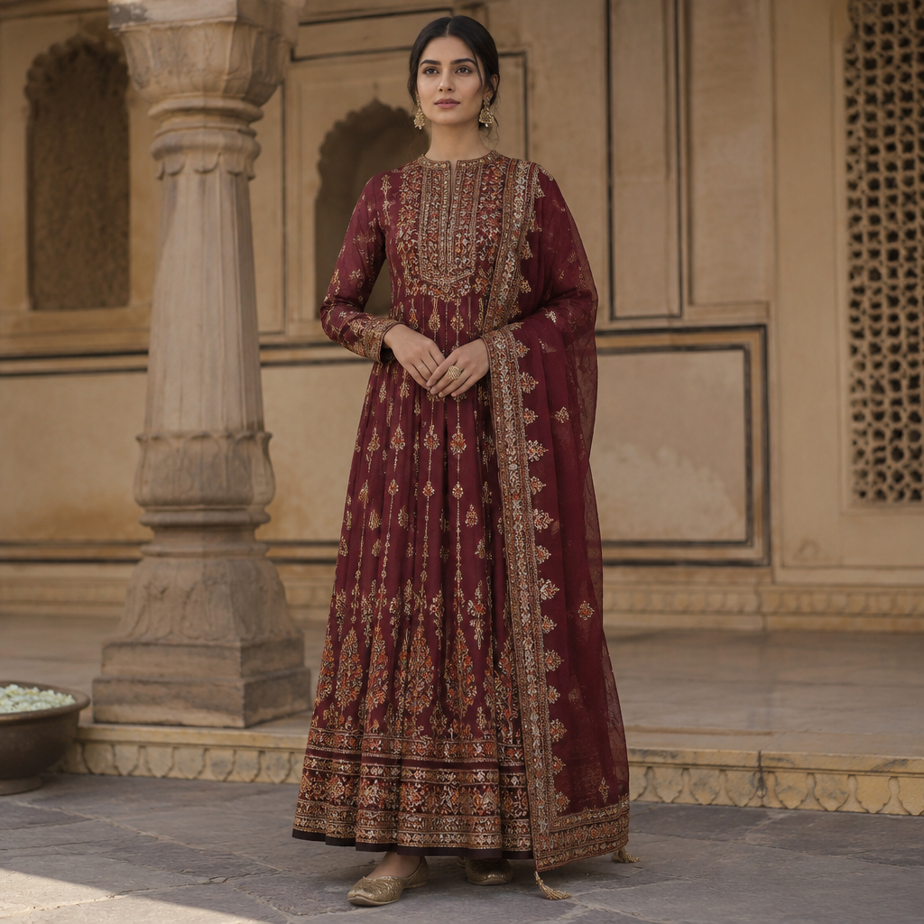 A Dress design, with modest, full coverage: longer hemlines, higher necklines and covered shoulders, suitable for Fall. Consider Indian fashion aesthetics — consider saree, lehenga, salwar kameez, kurti, anarkali; local fabrics like chanderi, banarasi, chikankari, block prints; vibrant colors and rich embroidery. Current season is Autumn in India. Present it as professional fashion catalogue photography: the garment is the subject, shown full-length with editorial styling, neutral posing and tasteful, non-suggestive framing.
photorealistic fashion design, A Dress design, with modest, full coverage: longer hemlines, higher necklines and covered shoulders, suitable for Fall. Consider Indian fashion aesthetics — consider saree, lehenga, salwar kameez, kurti, anarkali; local fabrics like chanderi, banarasi, chikankari, block prints; vibrant colors and rich embroidery. Current season is Autumn in India. Present it as professional fashion catalogue photography: the garment is the subject, shown full-length with editorial styling, neutral posing and tasteful, non-suggestive framing., just the design no text