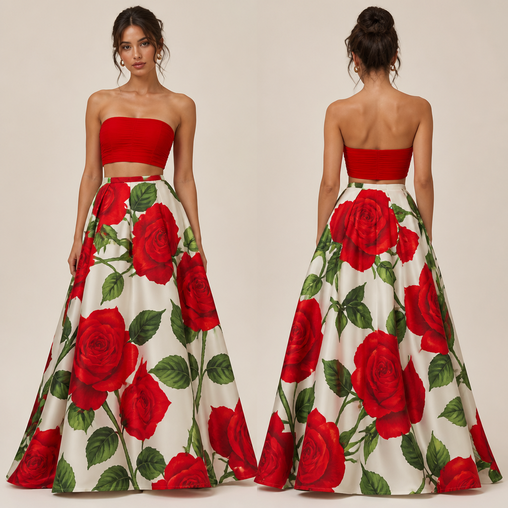 photorealistic fashion design, photorealistic fashion design, suitable for Summer, in Vintage style. 2 piece with the top being a completely red strapless bandeau and the bottom being a maxi skirt in a bell shape which has red roses print all over with the stem and leaves in green. Canada fashion aesthetics., vintage style, just the design no text, show front and back. Refinement: the roses need to be one size, big, and the stems too. Remove the small roses and leaves and such, i want the print big, just the design no text. Refinement: put more roses on the print and more bright colors like crimson red and bright green
photorealistic fashion design, photorealistic fashion design, photorealistic fashion design, suitable for Summer, in Vintage style. 2 piece with the top being a completely red strapless bandeau and the bottom being a maxi skirt in a bell shape which has red roses print all over with the stem and leaves in green. Canada fashion aesthetics., vintage style, just the design no text, show front and back. Refinement: the roses need to be one size, big, and the stems too. Remove the small roses and leaves and such, i want the print big, just the design no text. Refinement: put more roses on the print and more bright colors like crimson red and bright green, just the design no text