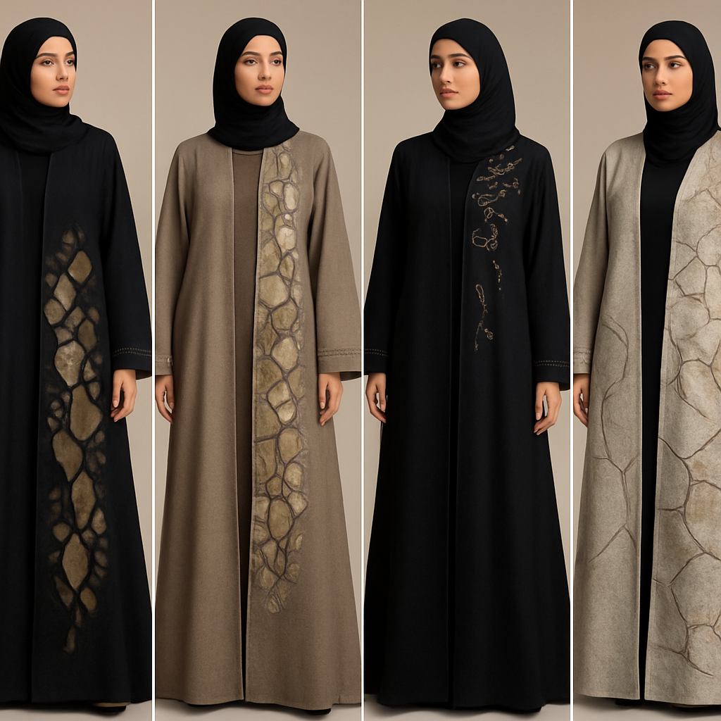 Create a modest two piece abaya, first of its kind, featuring a unique stone design that exudes a classy and sophisticated vibe. I'd like four designs, each showcasing different styles and fabrics. Incorporate high-end, unique chic stone designs to make them truly special. Add little sophisticated stone designs. Make it irresistible!

Create a modest two piece abaya, first of its kind, featuring a unique stone design that exudes a classy and sophisticated vibe. I'd like four designs, each showcasing different styles and fabrics. Incorporate high-end, unique chic stone designs to make them truly special. Add little sophisticated stone designs. Make it irresistible!
