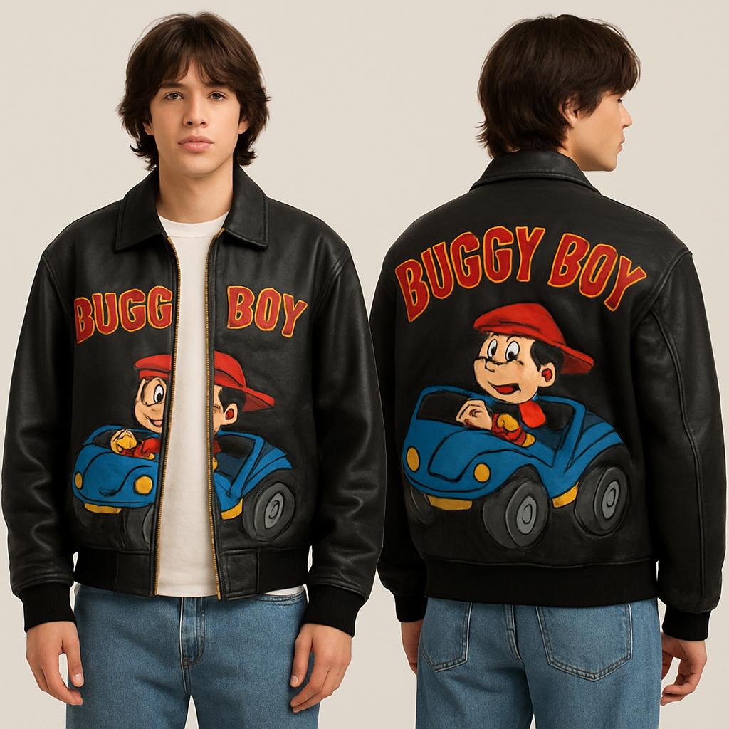 Buggy boy leather jacket in 90’s fashion street wear with a cartoon character in a dune blue buggy
Buggy boy leather jacket in 90’s fashion street wear with a cartoon character in a dune blue buggy
, streetwear style, show front and back