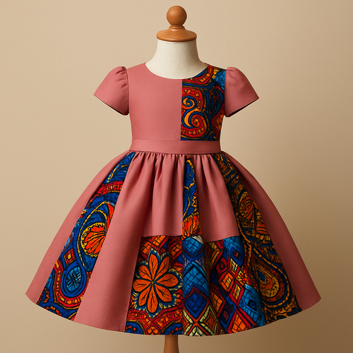 One of a kind Children’s dresses with good designs that look fabulous. Unique, and beautiful and made with beautiful plan colors and Ankara patches on it on showing on a mannequin. 