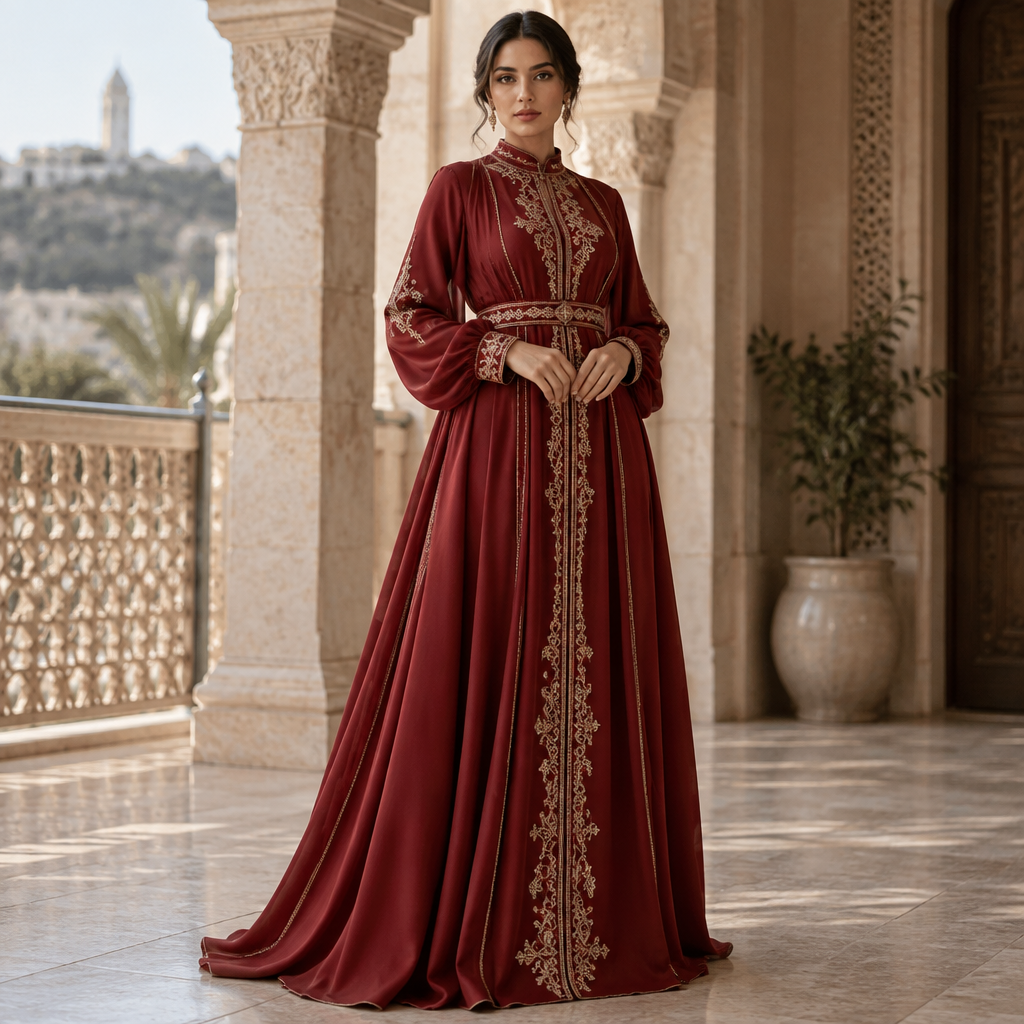 A Female Dress design, with modest, full coverage: longer hemlines, higher necklines and covered shoulders, suitable for Fall, in Elegant style. منشر جميل قماش احمر بارز يلفت أنظار. Algeria fashion aesthetics. Present it as professional fashion catalogue photography: the garment is the subject, shown full-length with editorial styling, neutral posing and tasteful, non-suggestive framing.
photorealistic fashion design, A Female Dress design, with modest, full coverage: longer hemlines, higher necklines and covered shoulders, suitable for Fall, in Elegant style. منشر جميل قماش احمر بارز يلفت أنظار. Algeria fashion aesthetics. Present it as professional fashion catalogue photography: the garment is the subject, shown full-length with editorial styling, neutral posing and tasteful, non-suggestive framing., elegant style, just the design no text