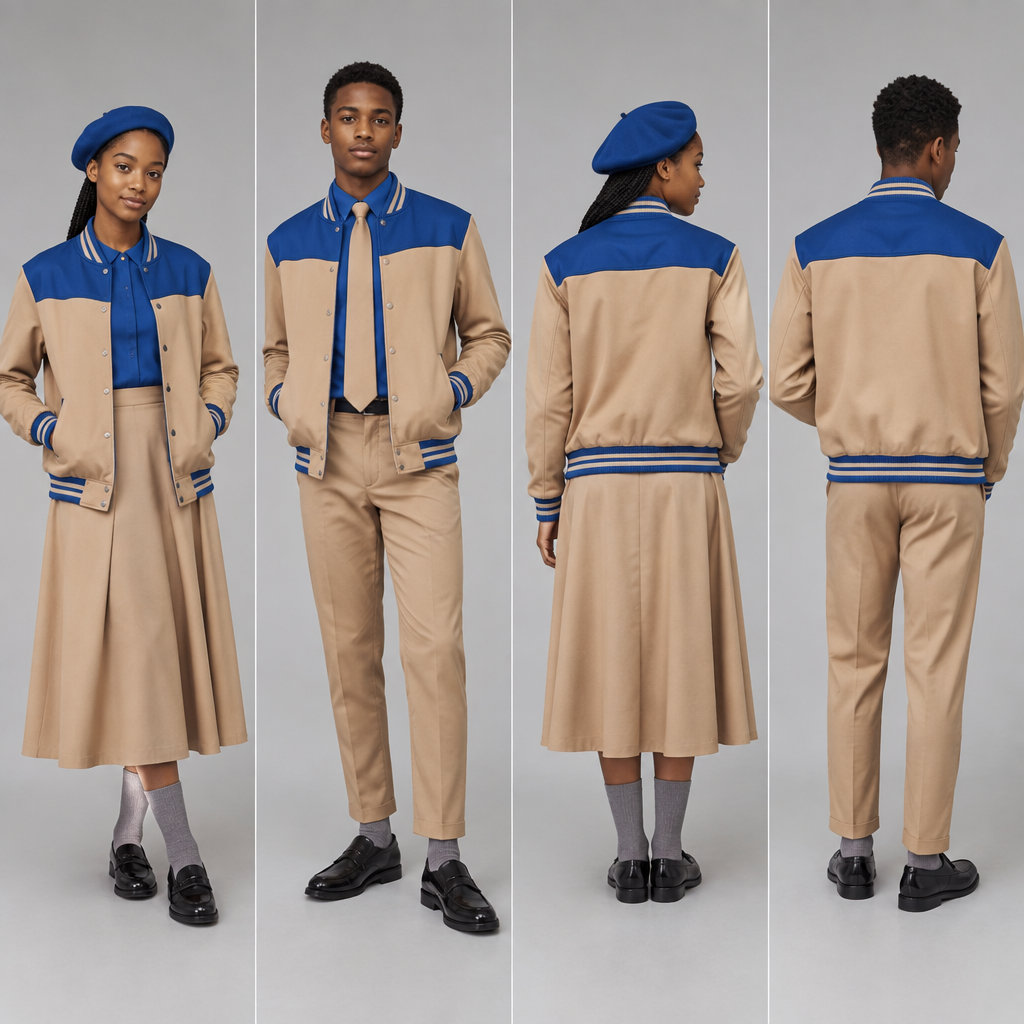 Design a light brown baseball jacket with blue accents and light brown arms. Use black teenagers as models.
A fit flare dress top half blue and bottom half light brown, covering chest area completely, almost reaching ankles, a blue barrett and grey socks for the female.
A light brown trouser, reaching ankles, blue shirt, light brown tie and grey socks for the male.
Nice black school shoes for both. Both must be wearing baseball jacket. Use cobalt blue. South Africa fashion aesthetics. Present it as professional fashion catalogue photography: the garment is the subject, shown full-length with editorial styling, neutral posing and tasteful, non-suggestive framing.
photorealistic fashion design, Design a light brown baseball jacket with blue accents and light brown arms. Use black teenagers as models.
A fit flare dress top half blue and bottom half light brown, covering chest area completely, almost reaching ankles, a blue barrett and grey socks for the female.
A light brown trouser, reaching ankles, blue shirt, light brown tie and grey socks for the male.
Nice black school shoes for both. Both must be wearing baseball jacket. Use cobalt blue. South Africa fashion aesthetics. Present it as professional fashion catalogue photography: the garment is the subject, shown full-length with editorial styling, neutral posing and tasteful, non-suggestive framing., just the design no text, show front and back