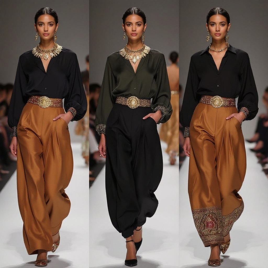 More classy . Classy belt. I want balloon style pant
Middle Eastern fashion: Stylish silk blouse, gold statement necklace, balloon pants, embroidered belt, pointed flats.