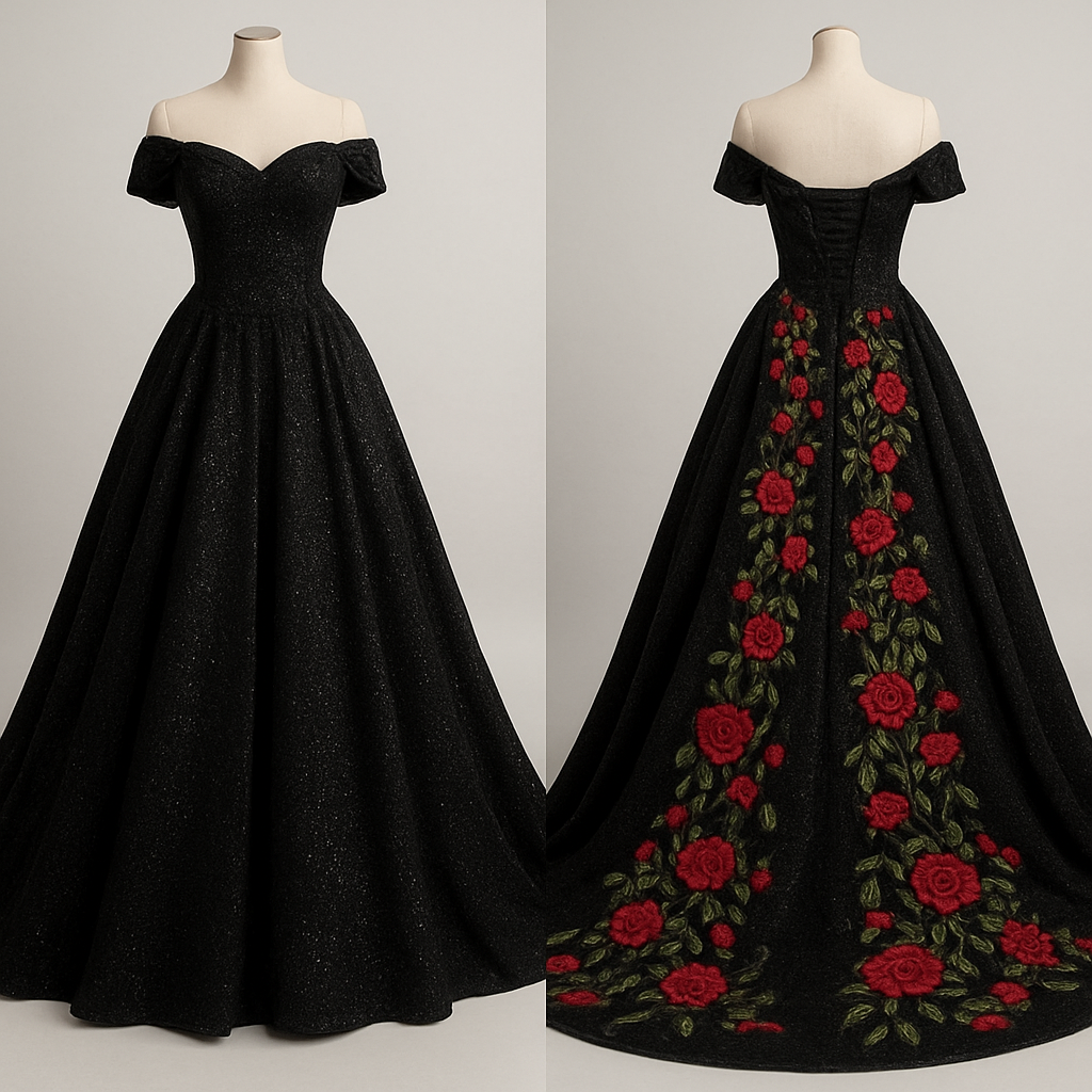 Glittery wedding dress,black color, off the shoulder sleeves. With red roses and green vines embroidered cascading down the back of the dress flowing along the train. Corset top and lace up back.
Glittery wedding dress,black color, off the shoulder sleeves. With red roses and green vines embroidered cascading down the back of the dress flowing along the train. Corset top and lace up back., classic style, show front and back