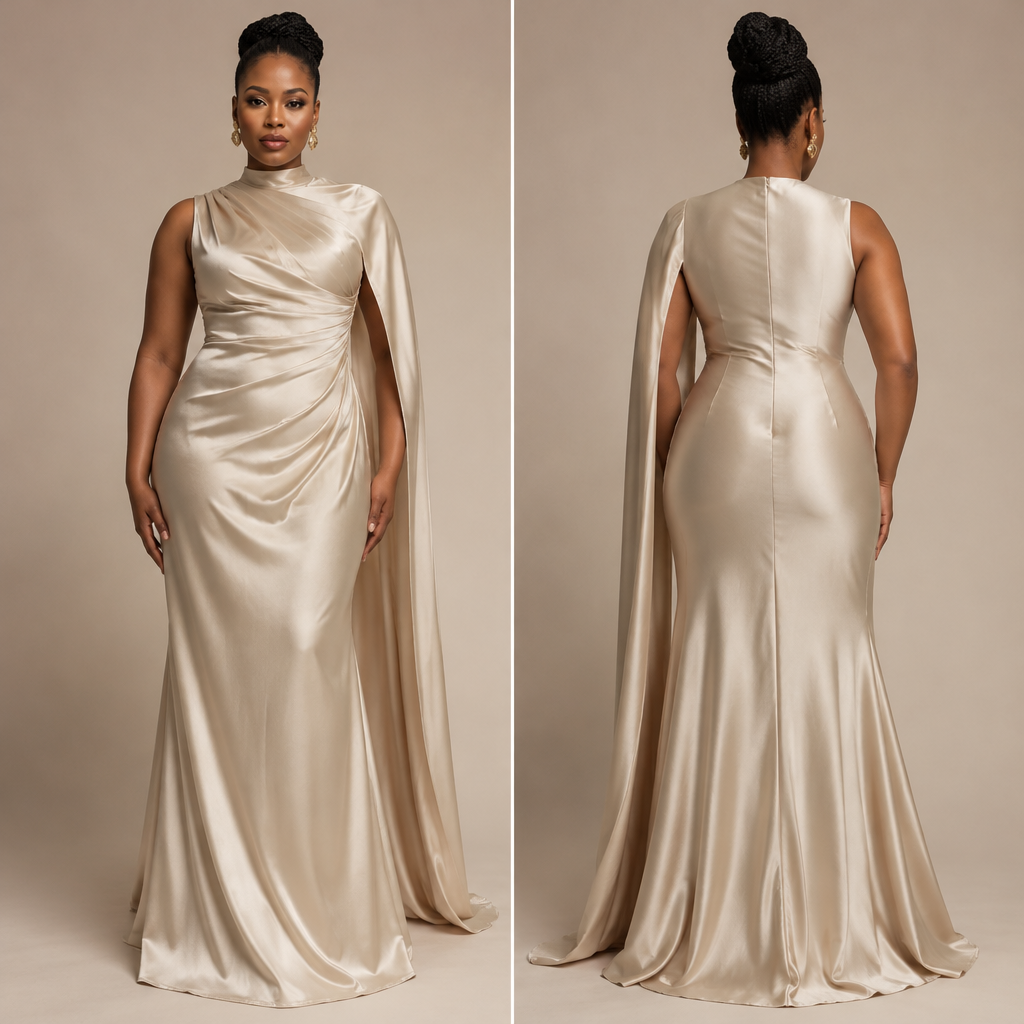 A Unisex Dress design, made of Silk, with a sleek, smooth finish, with a Fitted silhouette, for Formal, in Formal + Luxury + Crafted style, shown on a model with brown skin and a curvy figure. South Africa fashion aesthetics. Present it as professional fashion catalogue photography: the garment is the subject, shown full-length with editorial styling, neutral posing and tasteful, non-suggestive framing.
photorealistic fashion design, A Unisex Dress design, made of Silk, with a sleek, smooth finish, with a Fitted silhouette, for Formal, in Formal + Luxury + Crafted style, shown on a model with brown skin and a curvy figure. South Africa fashion aesthetics. Present it as professional fashion catalogue photography: the garment is the subject, shown full-length with editorial styling, neutral posing and tasteful, non-suggestive framing., formal style, just the design no text, show front and back
