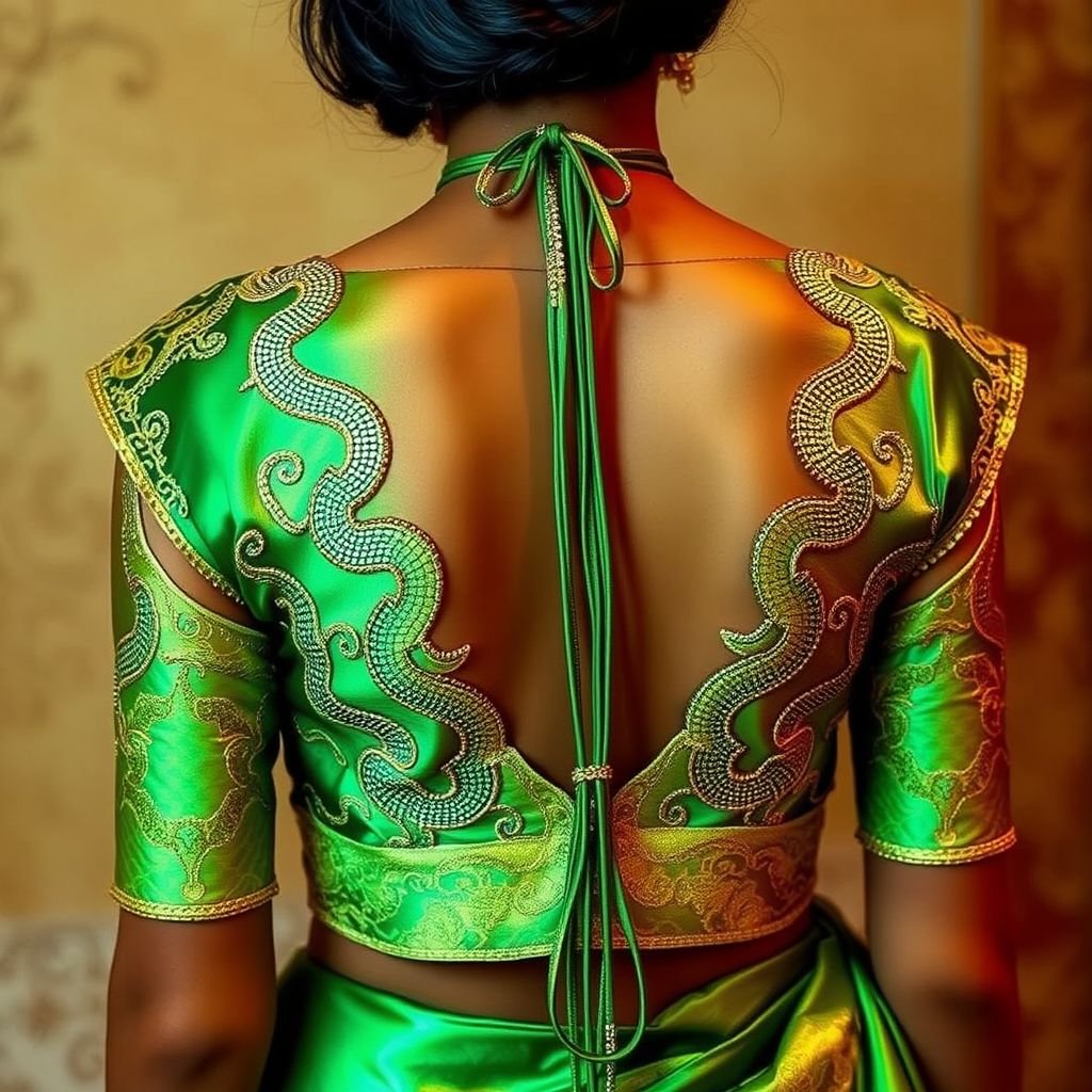 Snake theme in a saree blouse
Envision a captivating saree blouse featuring an intricate snake motif, woven from iridescent green and gold silk. The design incorporates sinuous, scale-like patterns that shimmer in the light, with a plunging neckline adorned with delicate beadwork mimicking coiling serpents. Elegant cap sleeves and a back tie enhance the allure, exuding a mystical vibe.