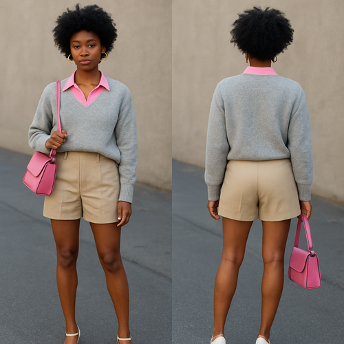 Black woman 
Pink collared blouse 
Beige shorts 
Grey sweater on
Pink purse
White heels 
Gold jewelry 

