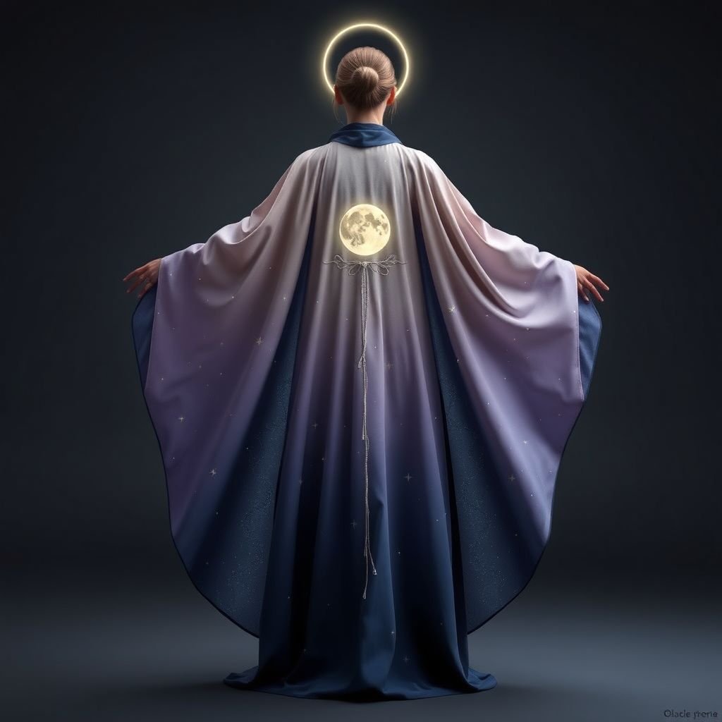 Design a regal, celestial cloak-dress inspired by the night sky just before dawn. The garment should be long and flowing, deep midnight blue at the hem, gradually shifting to soft lavender and pale gold near the shoulders—symbolizing the transition from night to morning. Tiny embroidered stars scatter across the fabric like a constellation map, with a glowing full moon at the center of the back. The sleeves are wide and winglike, resembling gentle clouds parting at sunrise. Silver thread outlines the horizon across the waistline, and the collar has a soft, halo-like glow. The overall look should feel divine, serene, and powerful—like something worn by the spirit of the morning.”
Design a regal, celestial cloak-dress inspired by the night sky just before dawn. This long, flowing garment features a midnight blue hem graduating into soft lavender and pale gold at the shoulders, symbolizing dawn’s gentle awakening. Tiny embroidered stars scatter across the fabric like a constellation map, while a luminous full moon graces the center back. Wide, winglike sleeves evoke gentle clouds parting at sunrise, creating an ethereal silhouette. Silver thread traces a horizon along the waist, enhancing the divine look. The halo-like collar emits a soft glow, lending an aura of serenity and power to the wearer, embodying the spirit of morning.