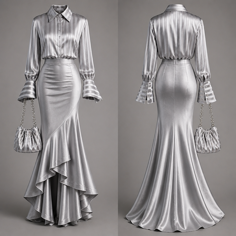 Button up the blouse and make the skirt long and make this outfit in the color silver
edit the attached fashion design with these instructions: Button up the blouse and make the skirt long and make this outfit in the color silver. keep it photorealistic, just the design no text