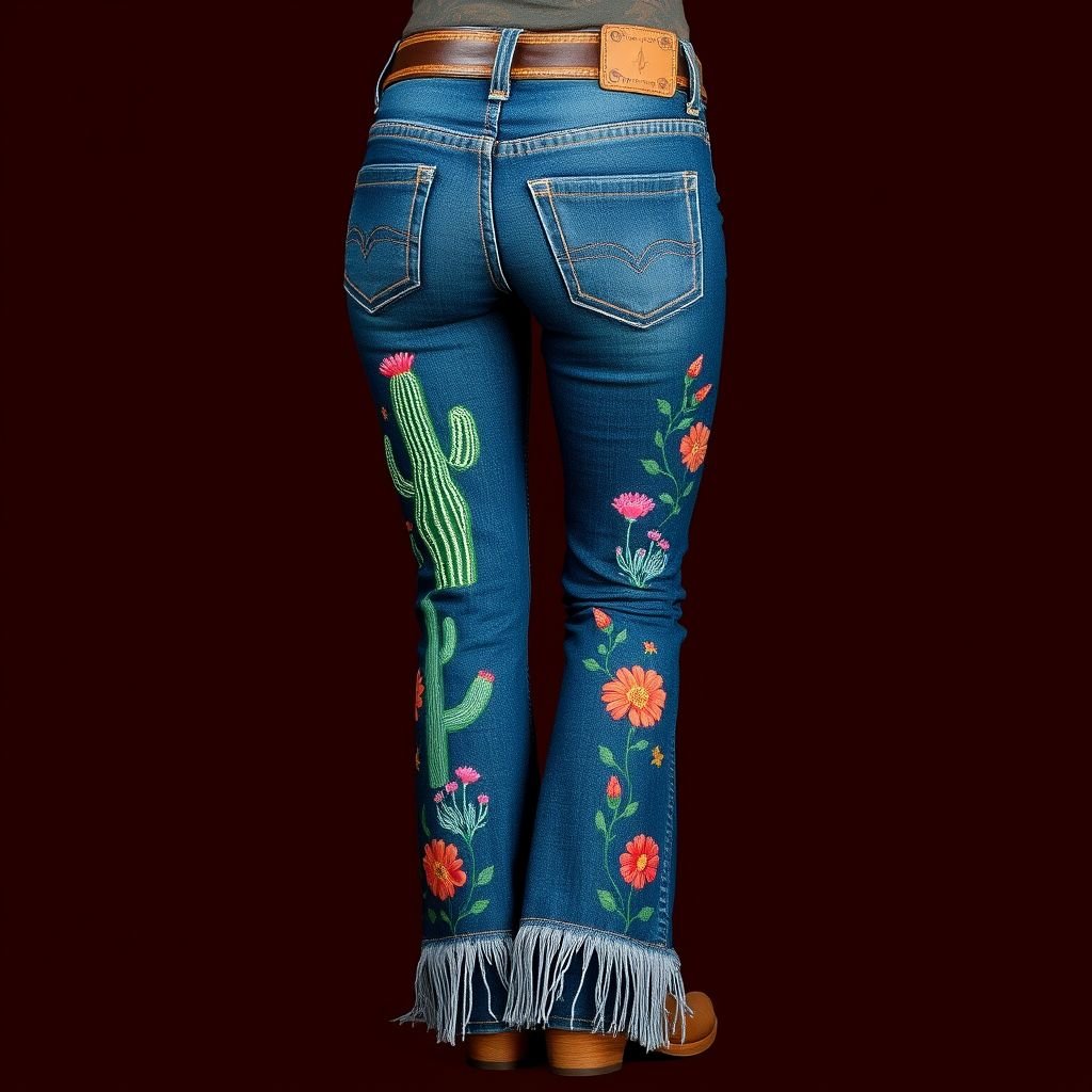 Create a western patterned bootcut jean
Design a striking bootcut jean infused with vibrant western motifs, featuring intricate embroidery of cacti and wildflowers along the seams. The denim exhibits a rich indigo hue, complemented by fringed hem details and a subtle leather patch at the back. Pair with a vintage-inspired belt for a contemporary bohemian twist.