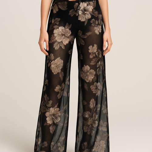 Black sheer flower print trousers