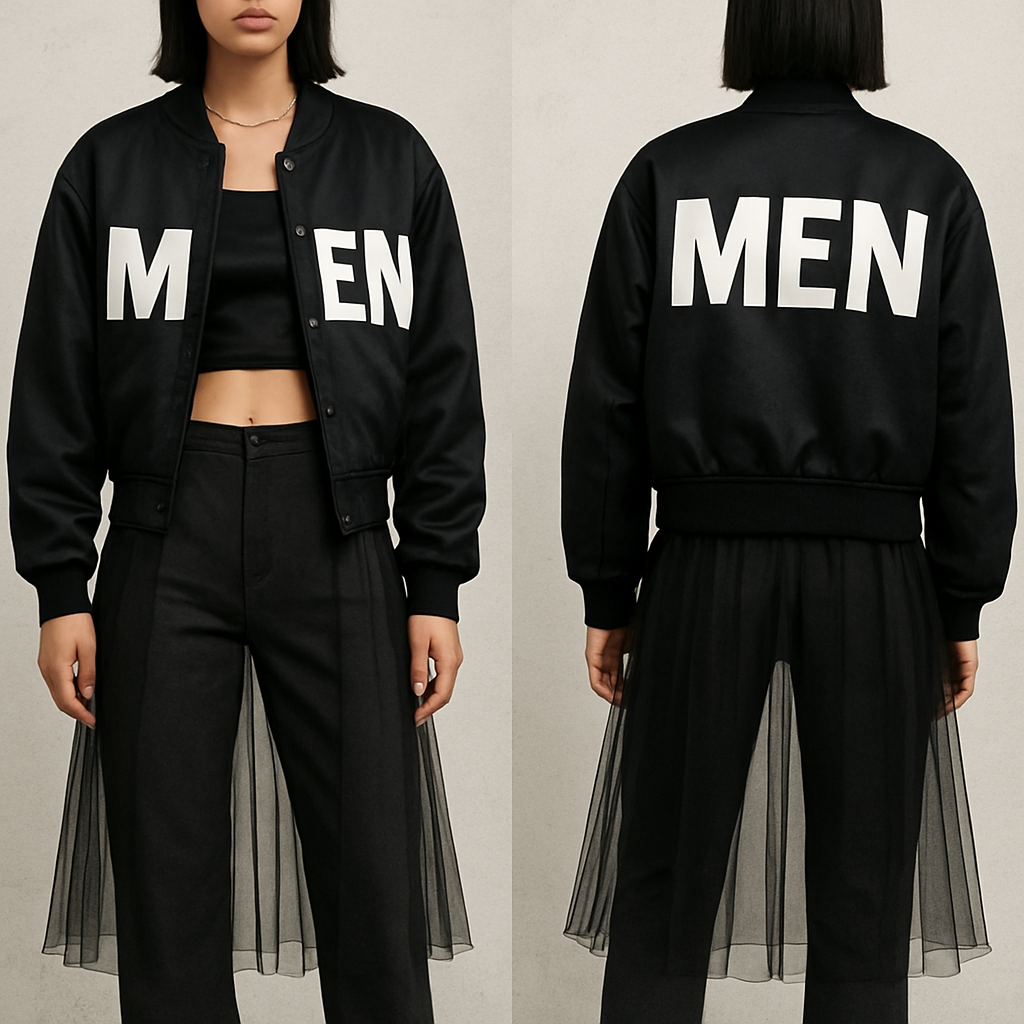A crop top with some pants a see through skirt over the pants and a letters men jacket
A crop top with some pants a see through skirt over the pants and a letters men jacket , streetwear style, show front and back
