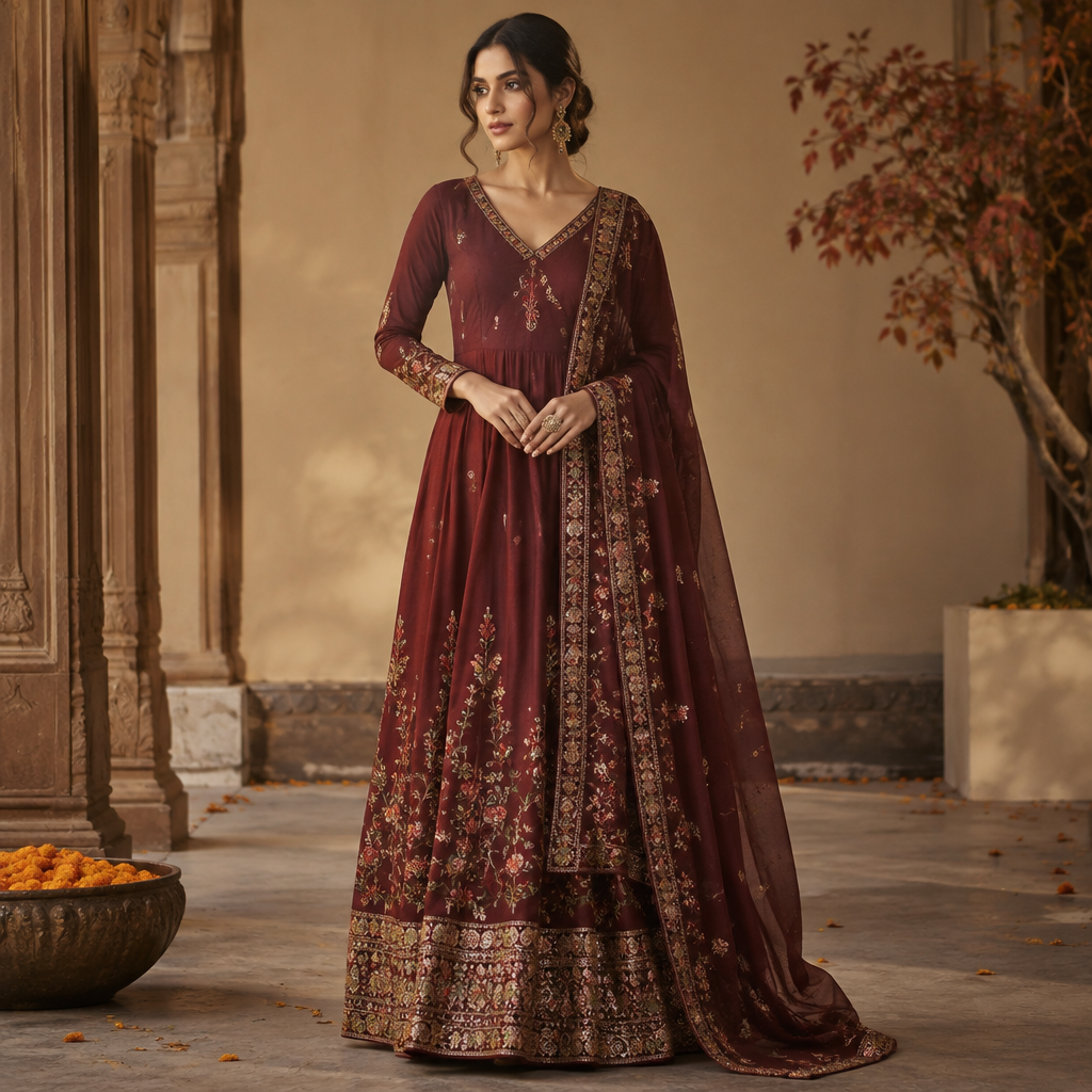A Female Dress design, suitable for Fall. Consider Indian fashion aesthetics — consider saree, lehenga, salwar kameez, kurti, anarkali; local fabrics like chanderi, banarasi, chikankari, block prints; vibrant colors and rich embroidery. Current season is Autumn in India. Present it as professional fashion catalogue photography: the garment is the subject, shown full-length with editorial styling, neutral posing and tasteful, non-suggestive framing.
photorealistic fashion design, A Female Dress design, suitable for Fall. Consider Indian fashion aesthetics — consider saree, lehenga, salwar kameez, kurti, anarkali; local fabrics like chanderi, banarasi, chikankari, block prints; vibrant colors and rich embroidery. Current season is Autumn in India. Present it as professional fashion catalogue photography: the garment is the subject, shown full-length with editorial styling, neutral posing and tasteful, non-suggestive framing., just the design no text