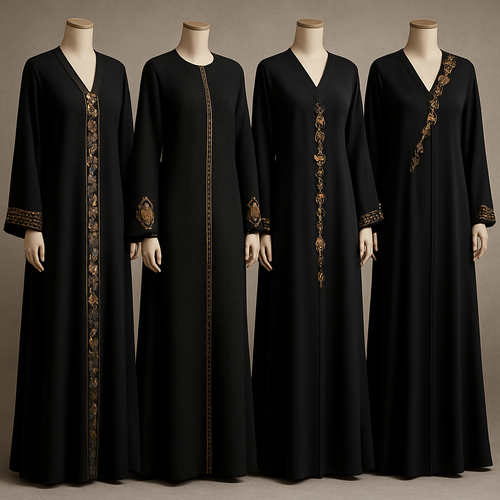 Create me modest abaya that's first in the world, using unique stone design, classy and sophisticated. Keep me 4 designs. Make them rich by adding unique chic stone high end designs and . Showcasing different styles and fabric.